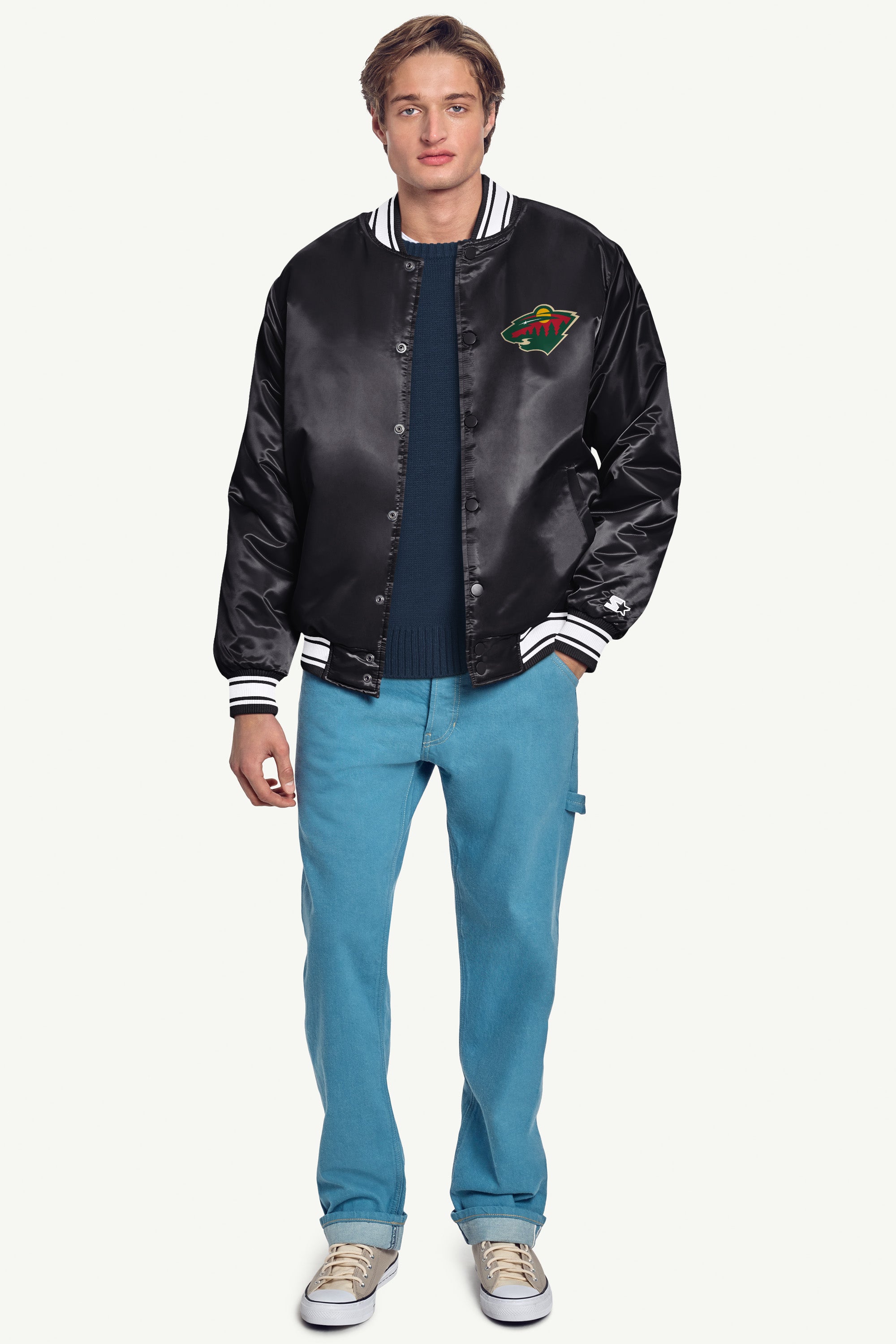 MENS MINNESOTA WILD TRIANGLE SATIN VARSITY JACKET View 4 MENS MINNESOTA WILD TRIANGLE SATIN VARSITY JACKET View 4