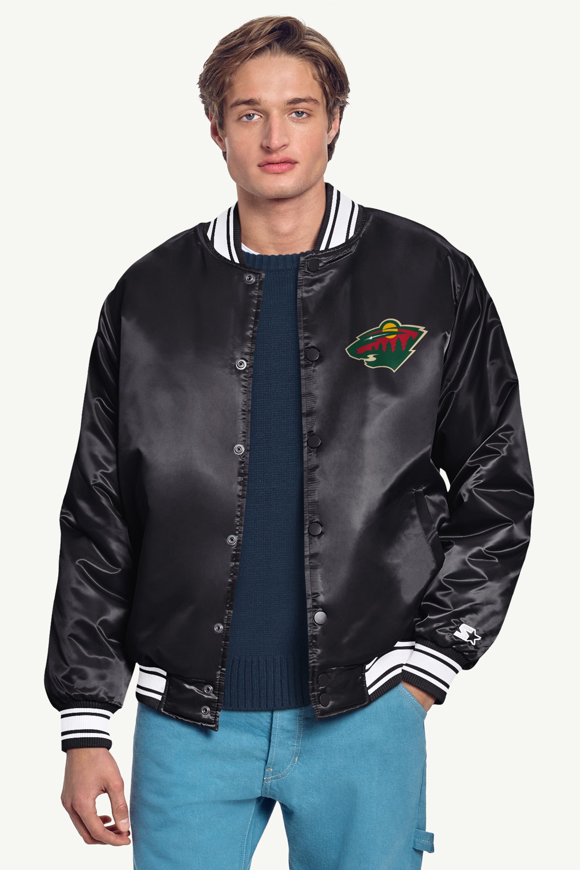 MENS MINNESOTA WILD TRIANGLE SATIN VARSITY JACKET View 3 MENS MINNESOTA WILD TRIANGLE SATIN VARSITY JACKET View 3
