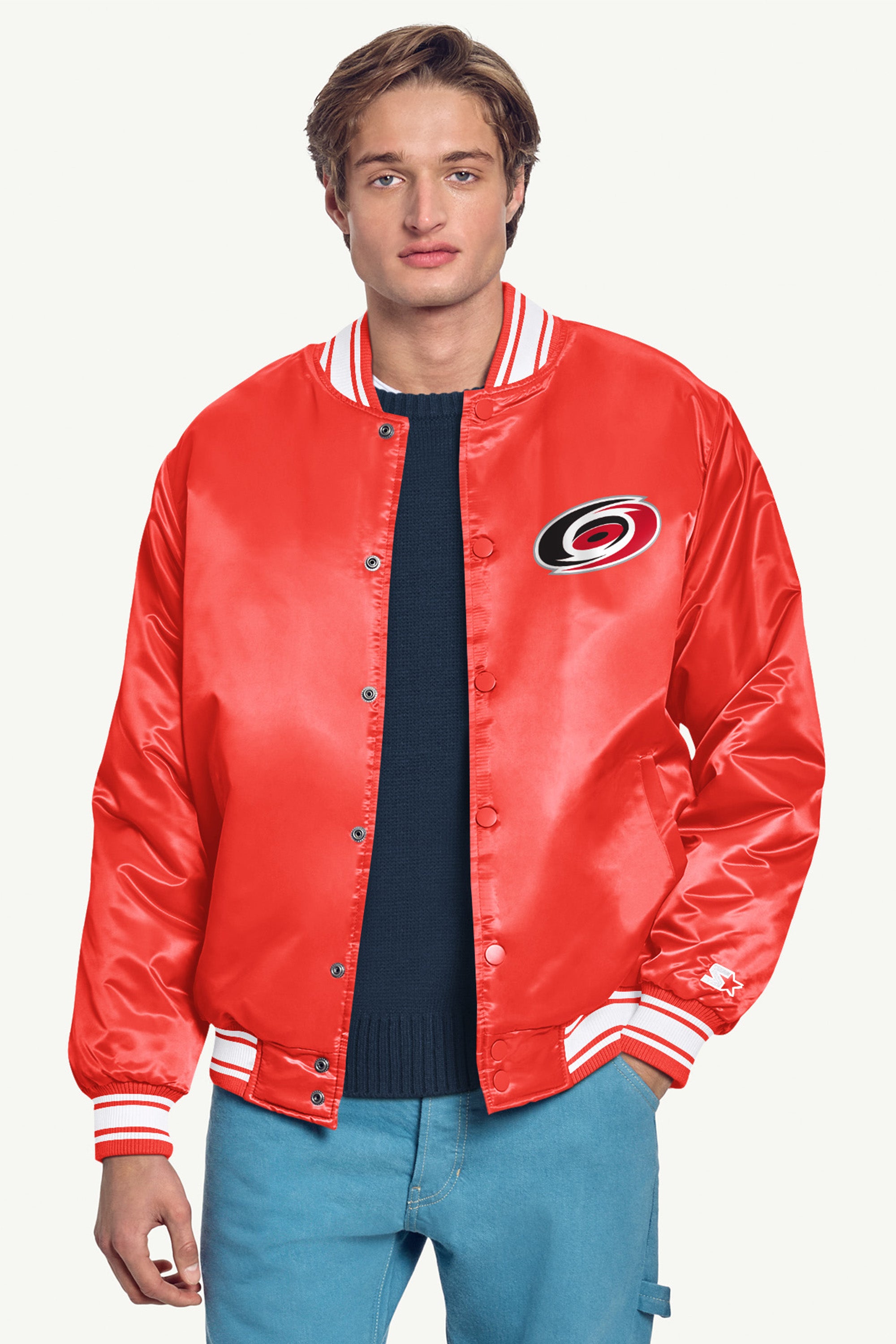 MENS CAROLINA HURRICANES TRIANGLE SATIN VARSITY JACKET View 3 MENS CAROLINA HURRICANES TRIANGLE SATIN VARSITY JACKET View 3