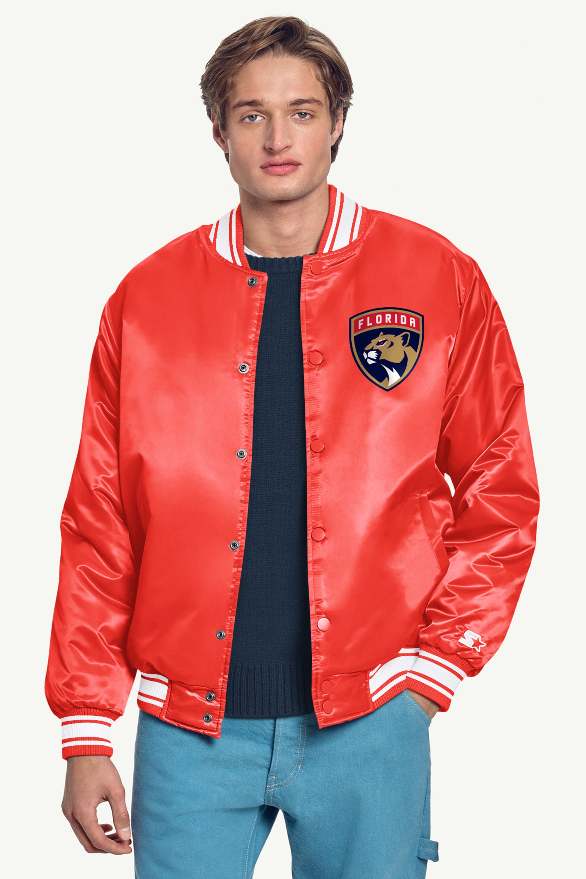 MENS FLORIDA PANTHERS PRINTED GRAPHIC TRIANGLE SATIN VARSITY JACKET View 3 | Starter Jackets MENS FLORIDA PANTHERS PRINTED GRAPHIC TRIANGLE SATIN VARSITY JACKET View 3 | Starter Jackets