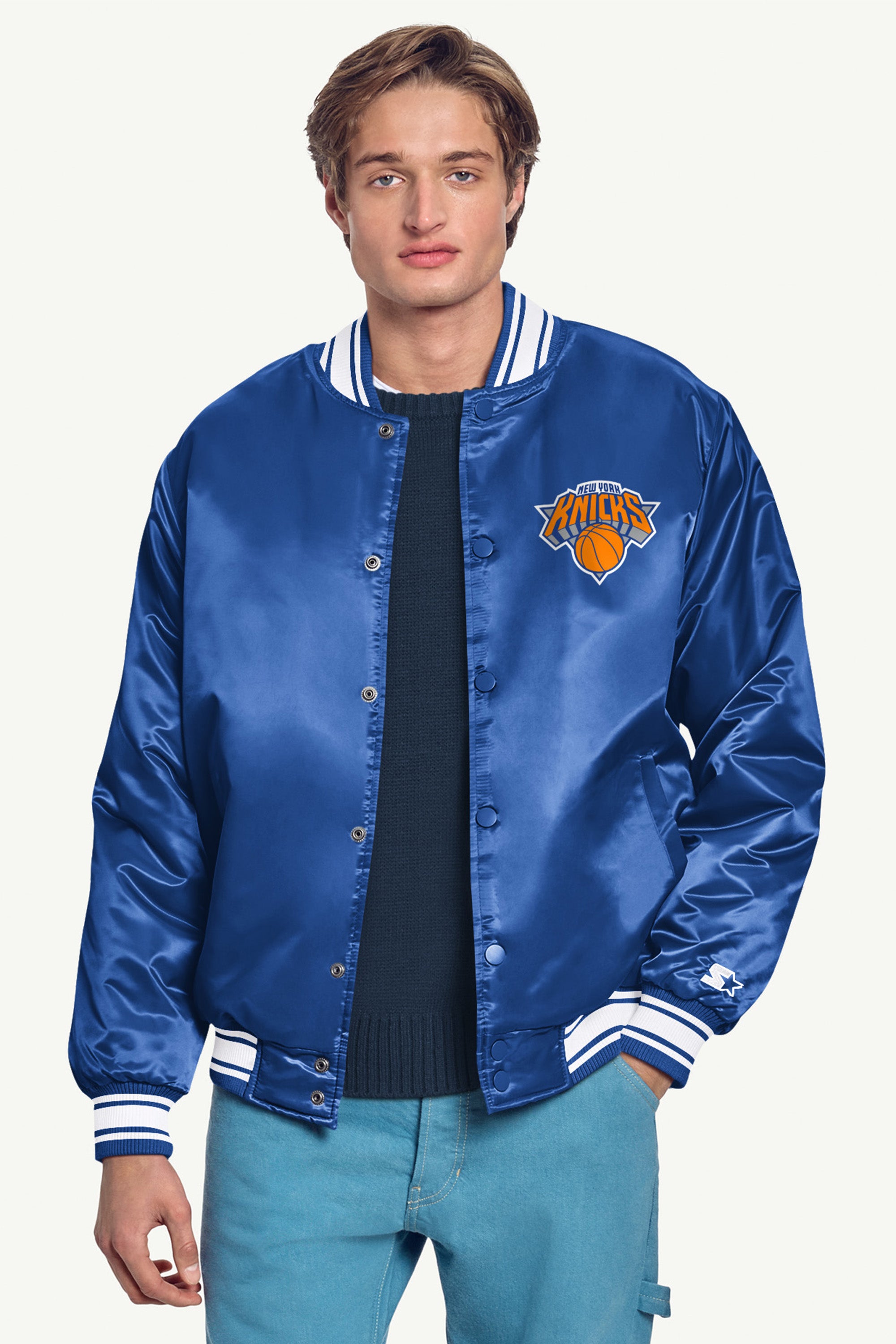 MENS NEW YORK KNICKS PRINTED GRAPHIC SATIN VARSITY JACKET View 3 | Starter Jackets MENS NEW YORK KNICKS PRINTED GRAPHIC SATIN VARSITY JACKET View 3 | Starter Jackets