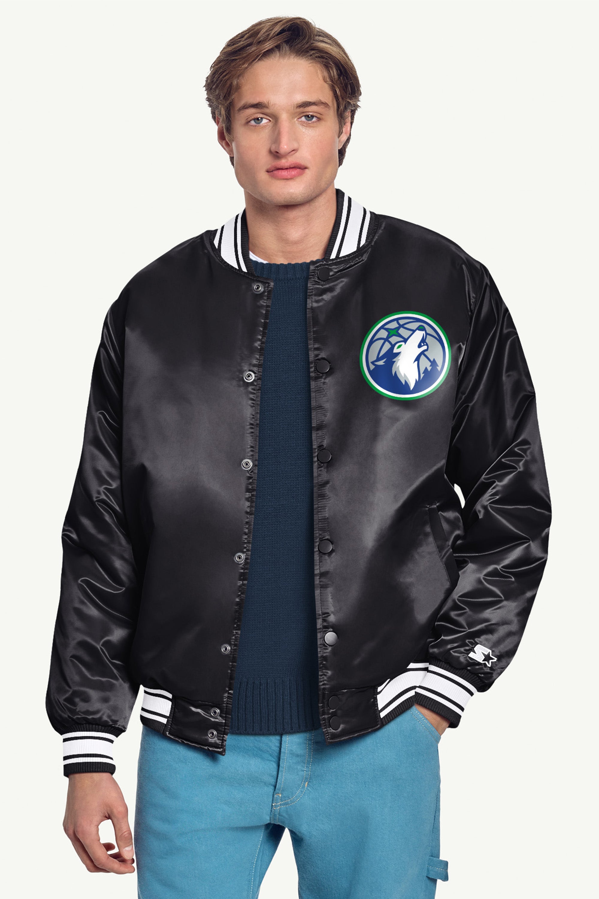 MENS MINNESOTA TIMBERWOLVES TRIANGLE SATIN VARSITY JACKET View 3 | Minnesota Timberwolves MENS MINNESOTA TIMBERWOLVES TRIANGLE SATIN VARSITY JACKET View 3 | Minnesota Timberwolves