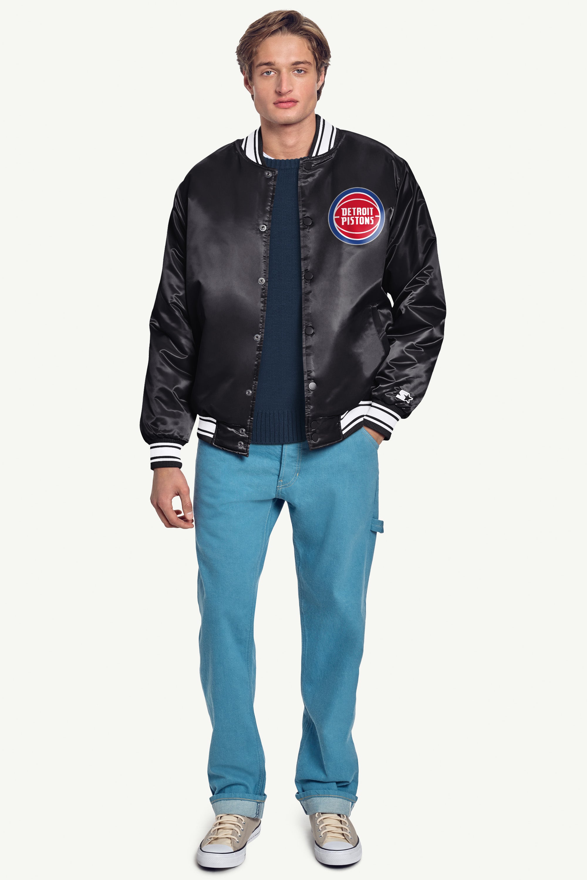 MENS DETROIT PISTONS TRIANGLE SATIN VARSITY JACKET View 4 MENS DETROIT PISTONS TRIANGLE SATIN VARSITY JACKET View 4