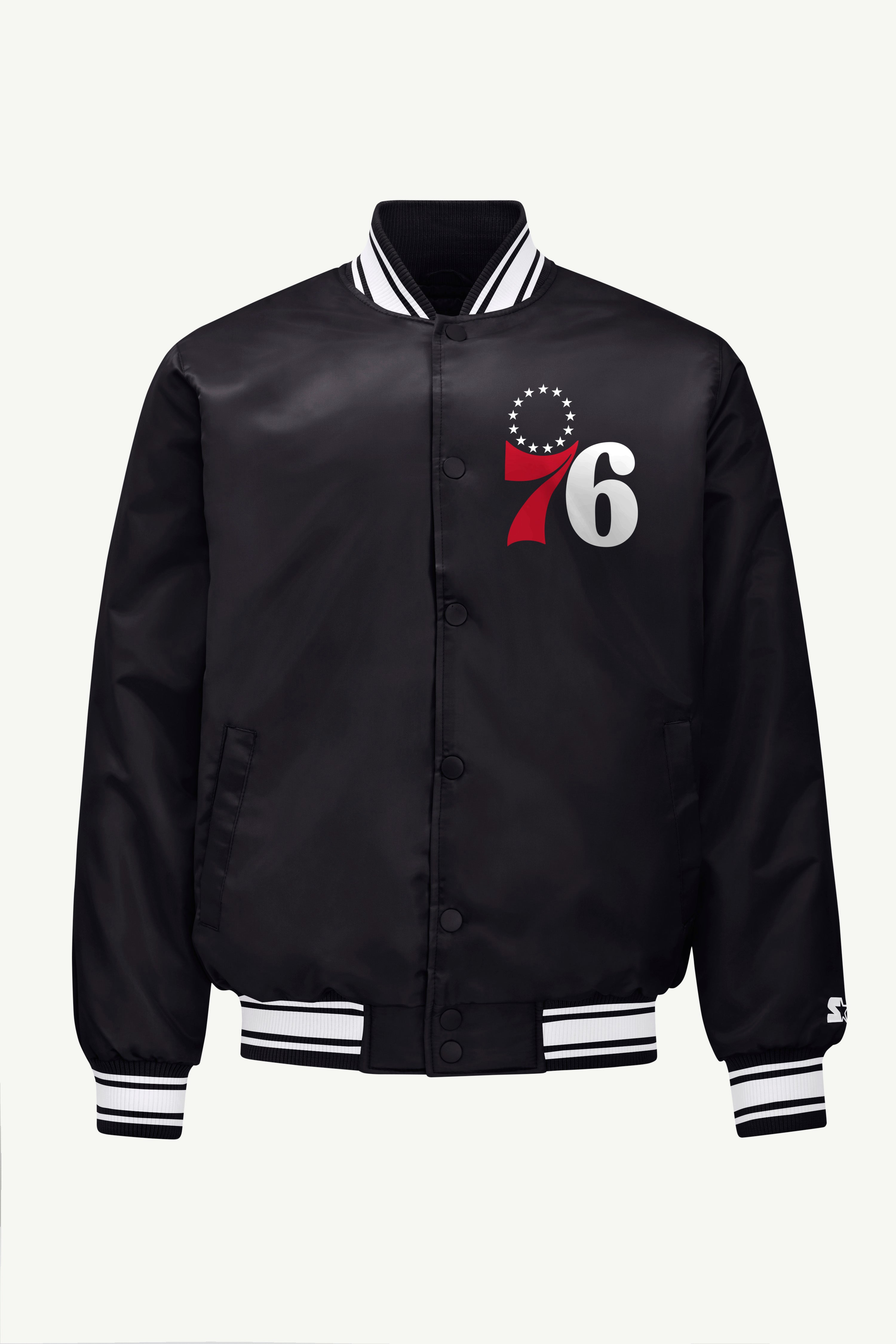 MENS PHILADELPHIA 76ERS TRIANGLE SATIN VARSITY JACKET View 1 MENS PHILADELPHIA 76ERS TRIANGLE SATIN VARSITY JACKET View 1
