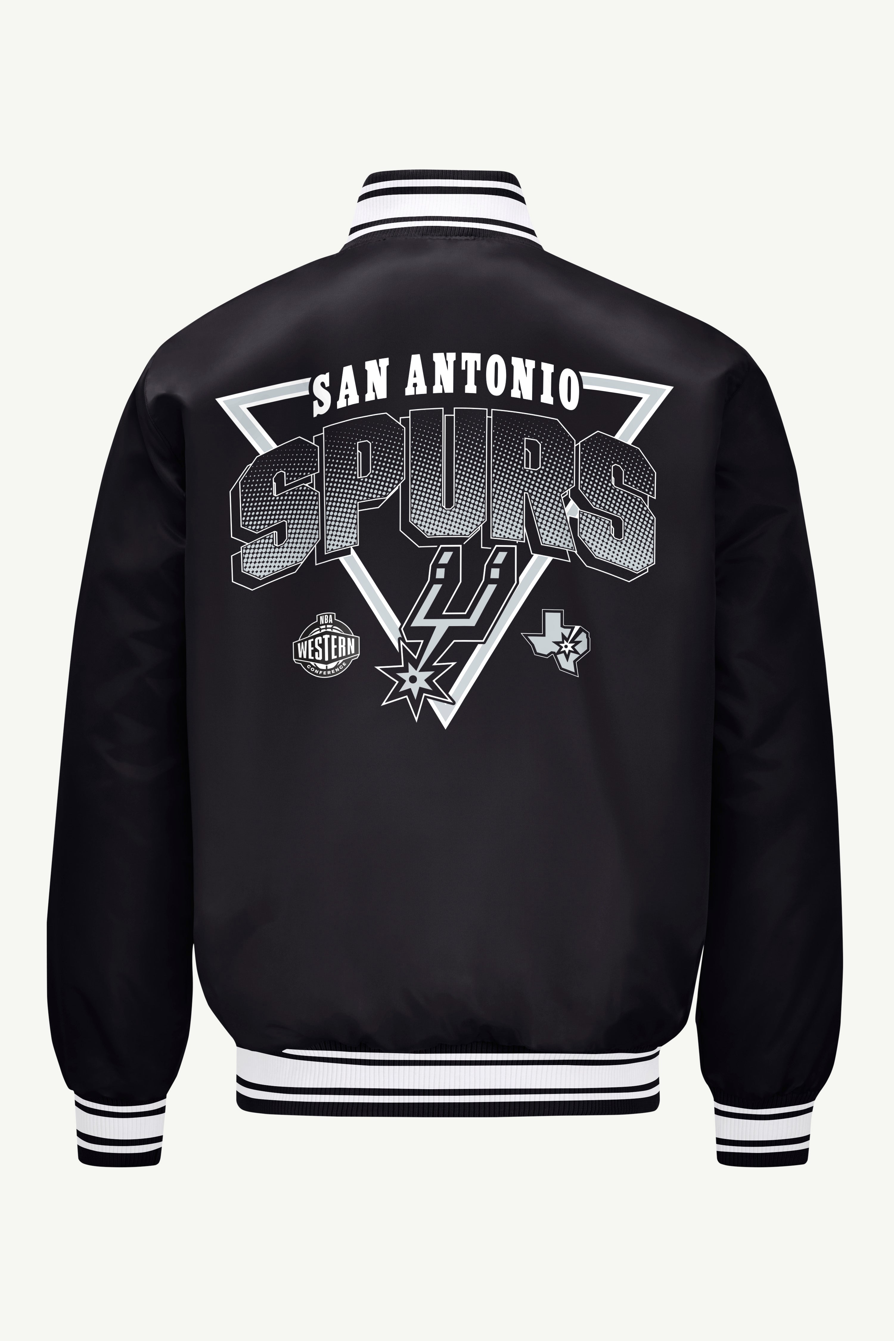 MENS SAN ANTONIO SPURS TRIANGLE PRINTED GRAPHIC SATIN VARSITY JACKET View 2 | San Antonio Spurs MENS SAN ANTONIO SPURS TRIANGLE PRINTED GRAPHIC SATIN VARSITY JACKET View 2 | San Antonio Spurs