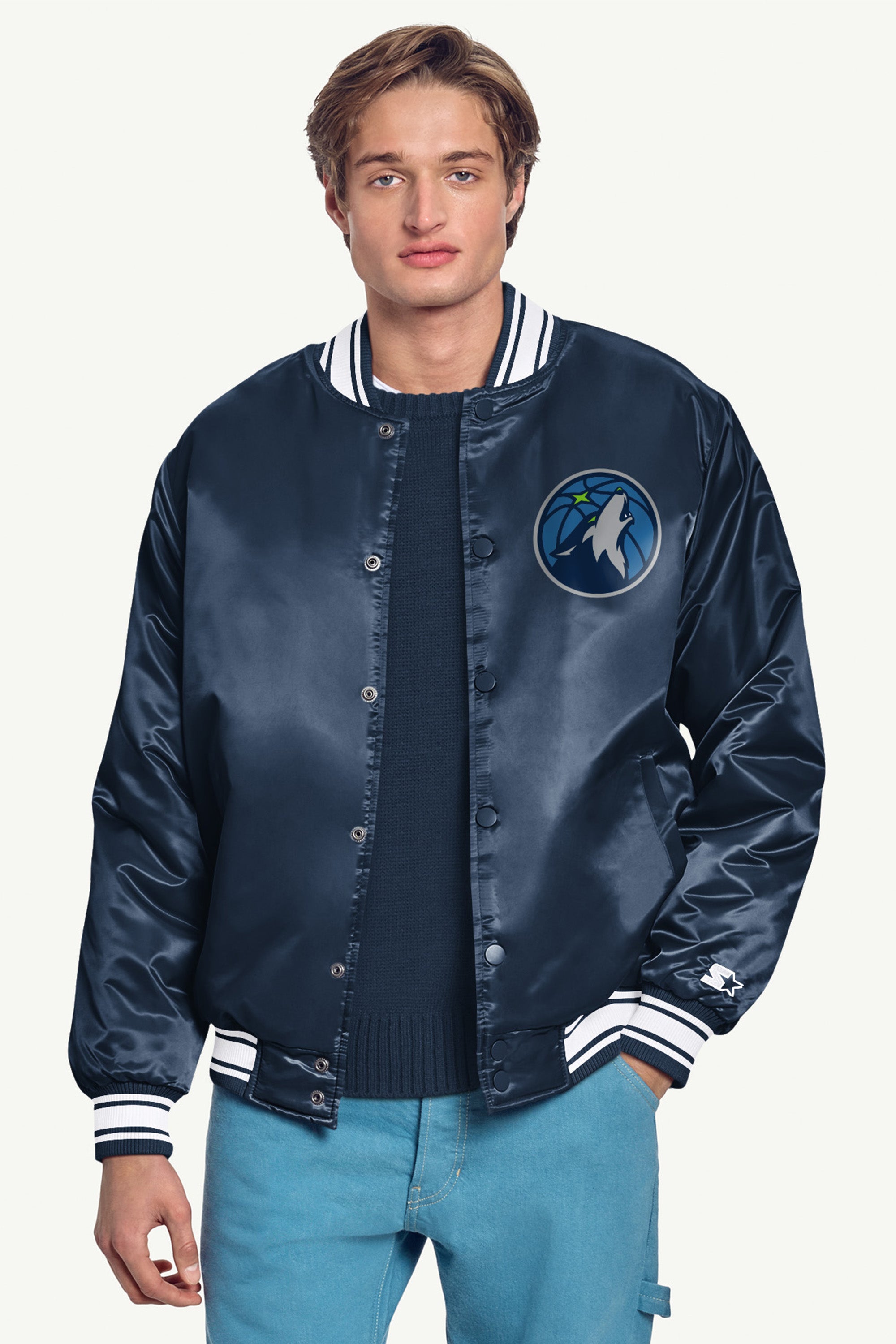 MENS MINNESOTA TIMBERWOLVES PRINTED GRAPHIC SATIN VARSITY JACKET View 3 | Minnesota Timberwolves MENS MINNESOTA TIMBERWOLVES PRINTED GRAPHIC SATIN VARSITY JACKET View 3 | Minnesota Timberwolves