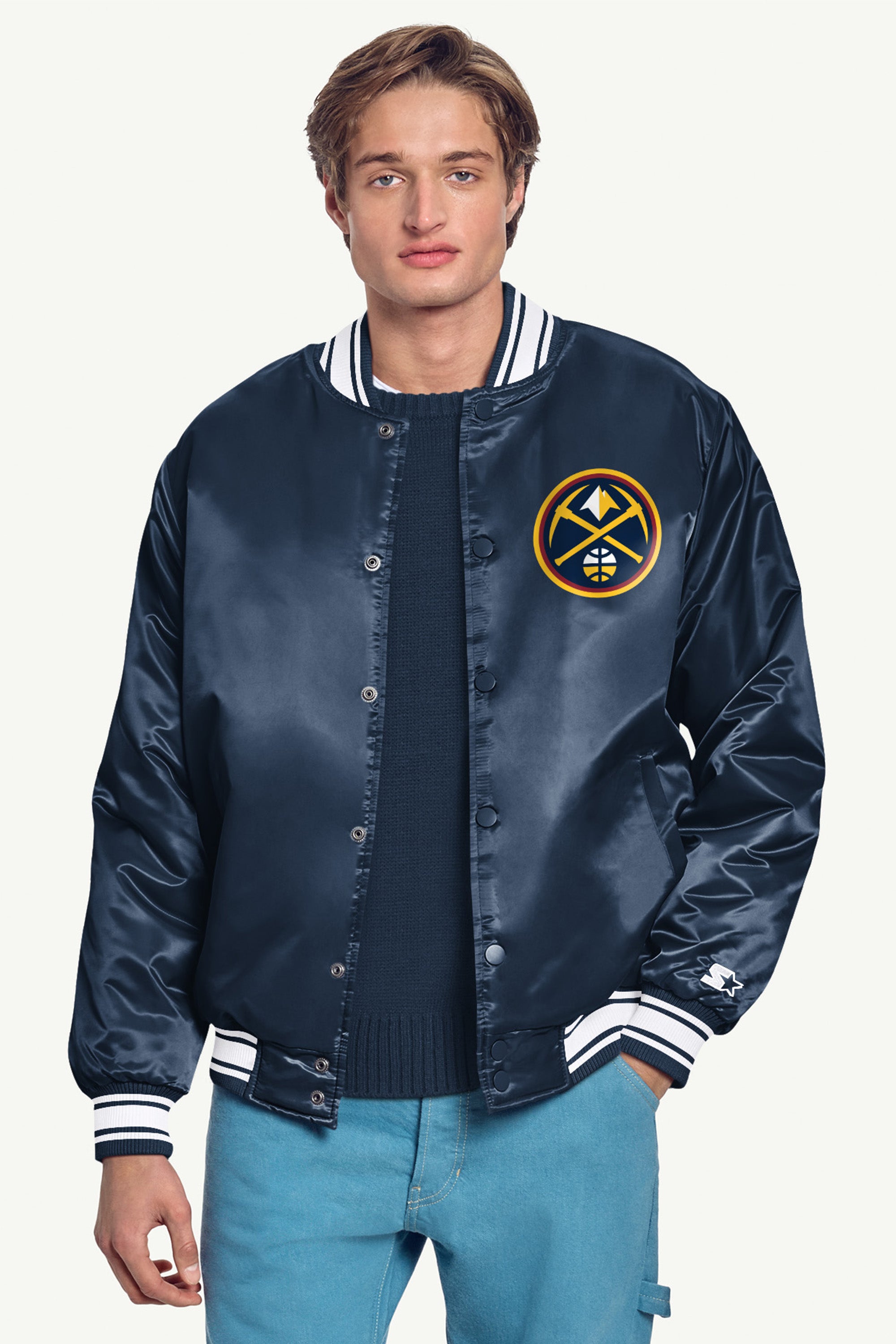 MENS DENVER NUGGETS PRINTED GRAPHIC SATIN VARSITY JACKET View 3 | Denver Nuggets MENS DENVER NUGGETS PRINTED GRAPHIC SATIN VARSITY JACKET View 3 | Denver Nuggets