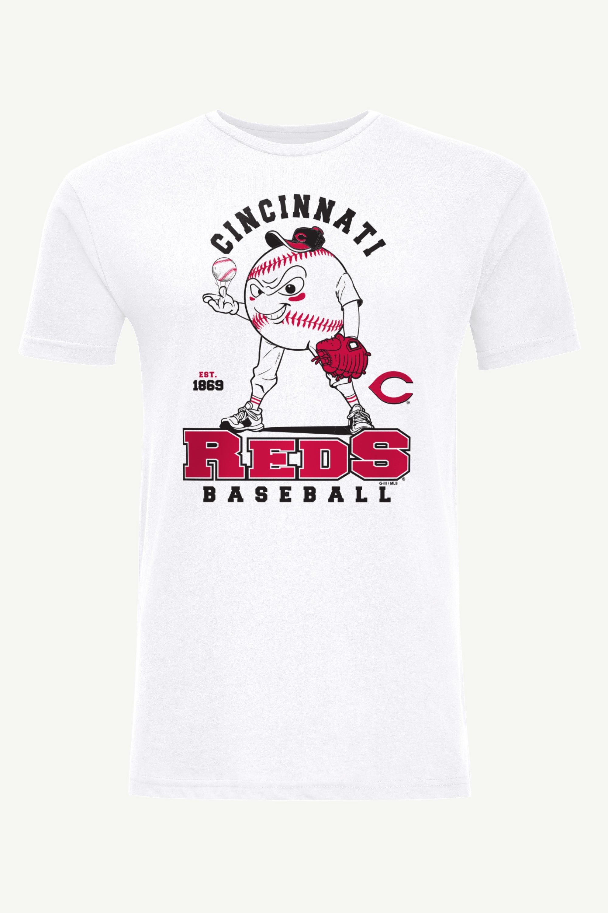 MENS CINCINNATI REDS BASEBALL CHARACTER SHORT SLEEVE T SHIRT View 1 MENS CINCINNATI REDS BASEBALL CHARACTER SHORT SLEEVE T SHIRT View 1