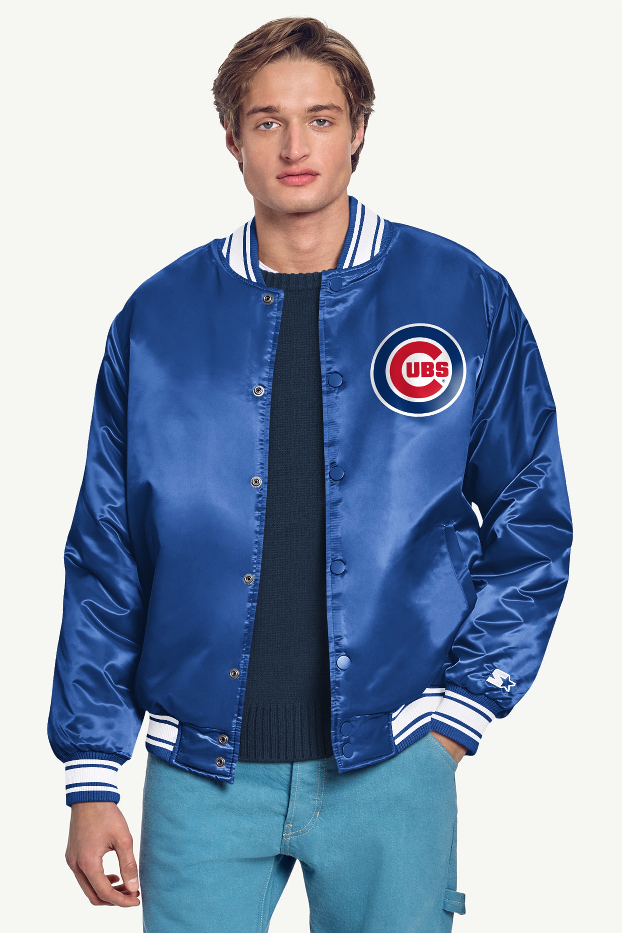 MENS CHICAGO CUBS HOMEPLATE PRINTED GRAPHIC SATIN VARSITY JACKET View 3 | Satin Varsity Jackets MENS CHICAGO CUBS HOMEPLATE PRINTED GRAPHIC SATIN VARSITY JACKET View 3 | Satin Varsity Jackets