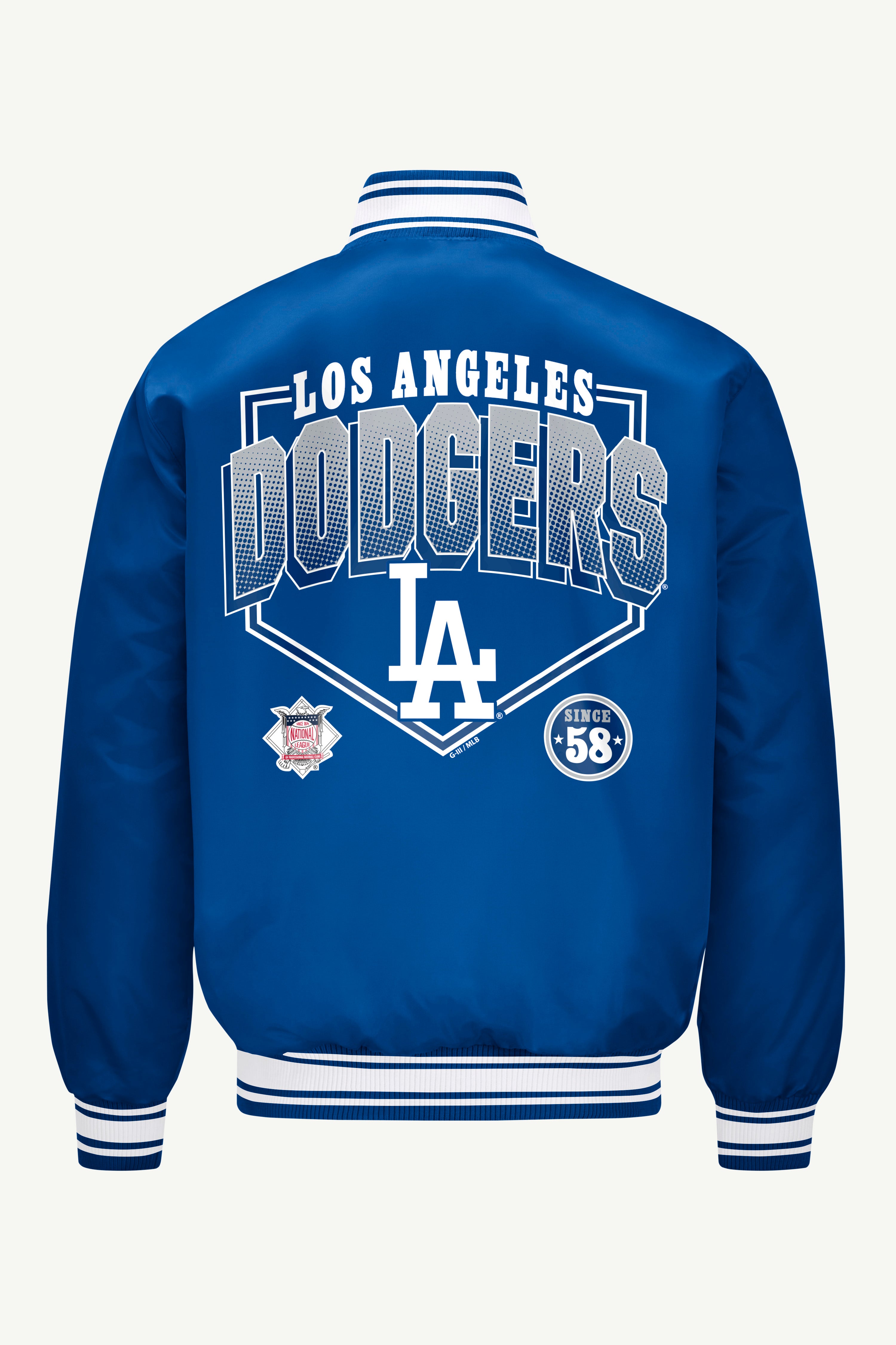 MENS LOS ANGELES DODGERS HOMEPLATE PRINTED GRAPHIC SATIN VARSITY JACKET View 2 | Los Angeles Dodgers MENS LOS ANGELES DODGERS HOMEPLATE PRINTED GRAPHIC SATIN VARSITY JACKET View 2 | Los Angeles Dodgers