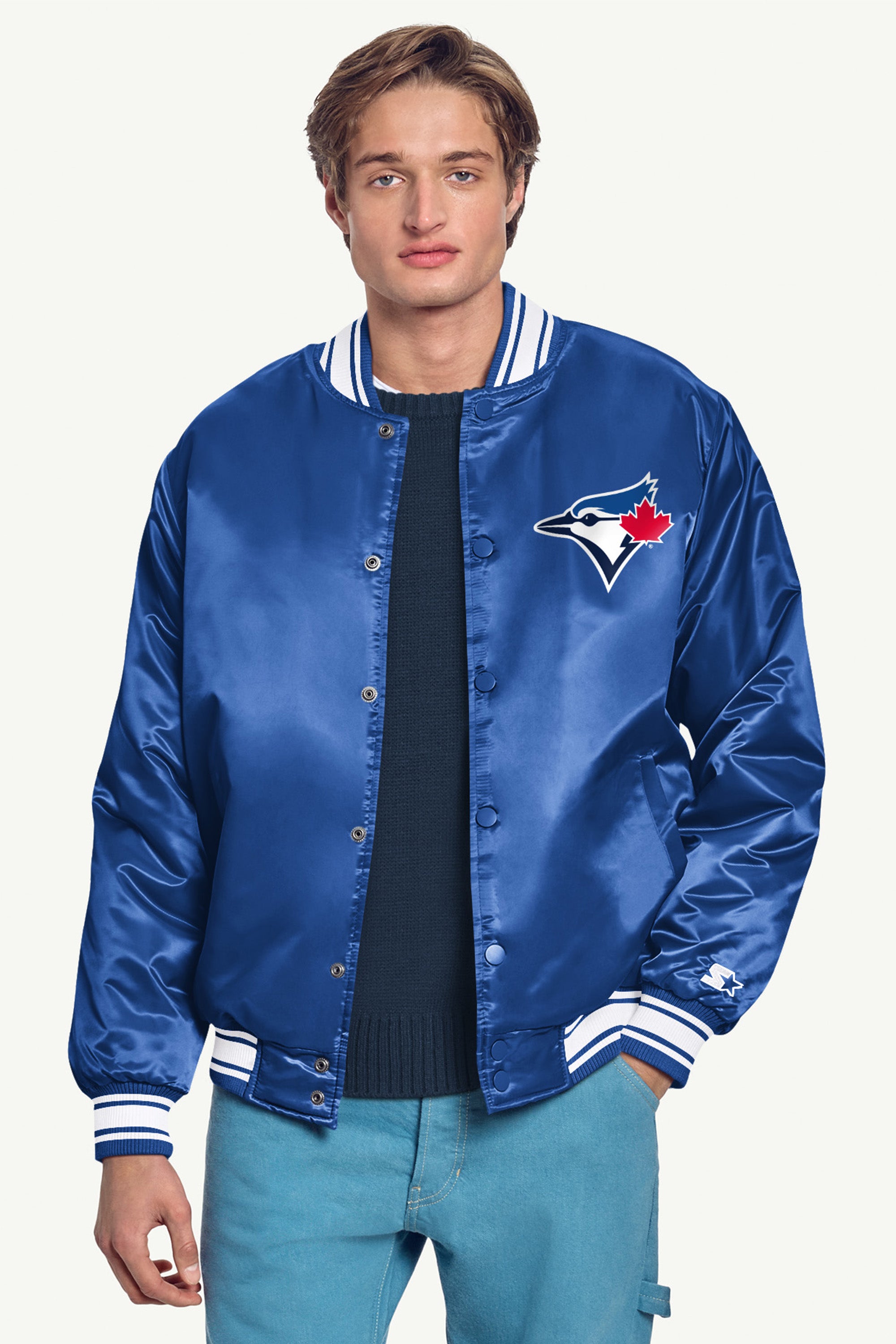 MENS TORONTO BLUE JAYS HOMEPLATE SATIN VARSITY JACKET View 3 | MLB MENS TORONTO BLUE JAYS HOMEPLATE SATIN VARSITY JACKET View 3 | MLB