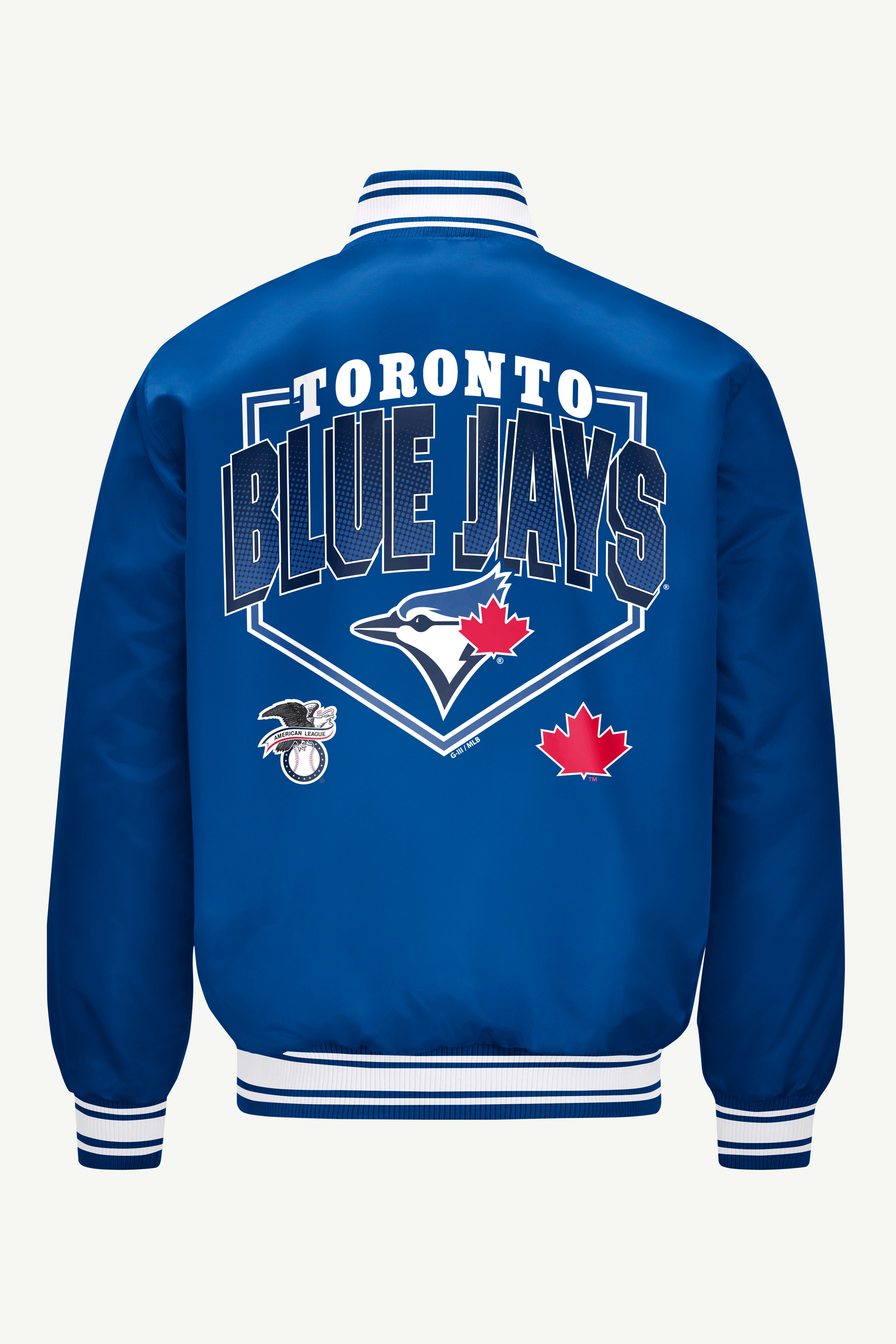 MENS TORONTO BLUE JAYS HOMEPLATE SATIN VARSITY JACKET View 2 MENS TORONTO BLUE JAYS HOMEPLATE SATIN VARSITY JACKET View 2
