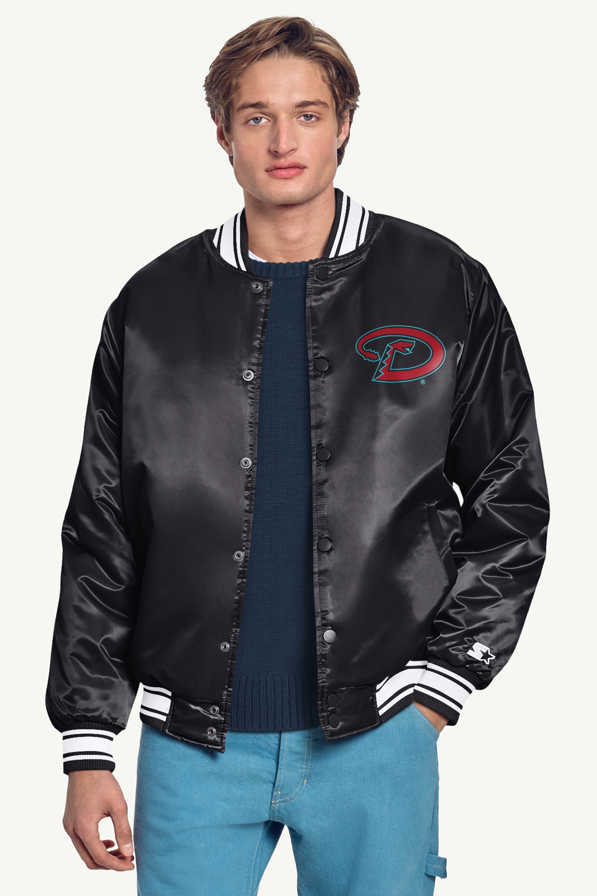 MENS ARIZONA DIAMONDBACKS PRINTED HOMEPLATE SATIN VARSITY JACKET View 3 | Starter Jackets MENS ARIZONA DIAMONDBACKS PRINTED HOMEPLATE SATIN VARSITY JACKET View 3 | Starter Jackets