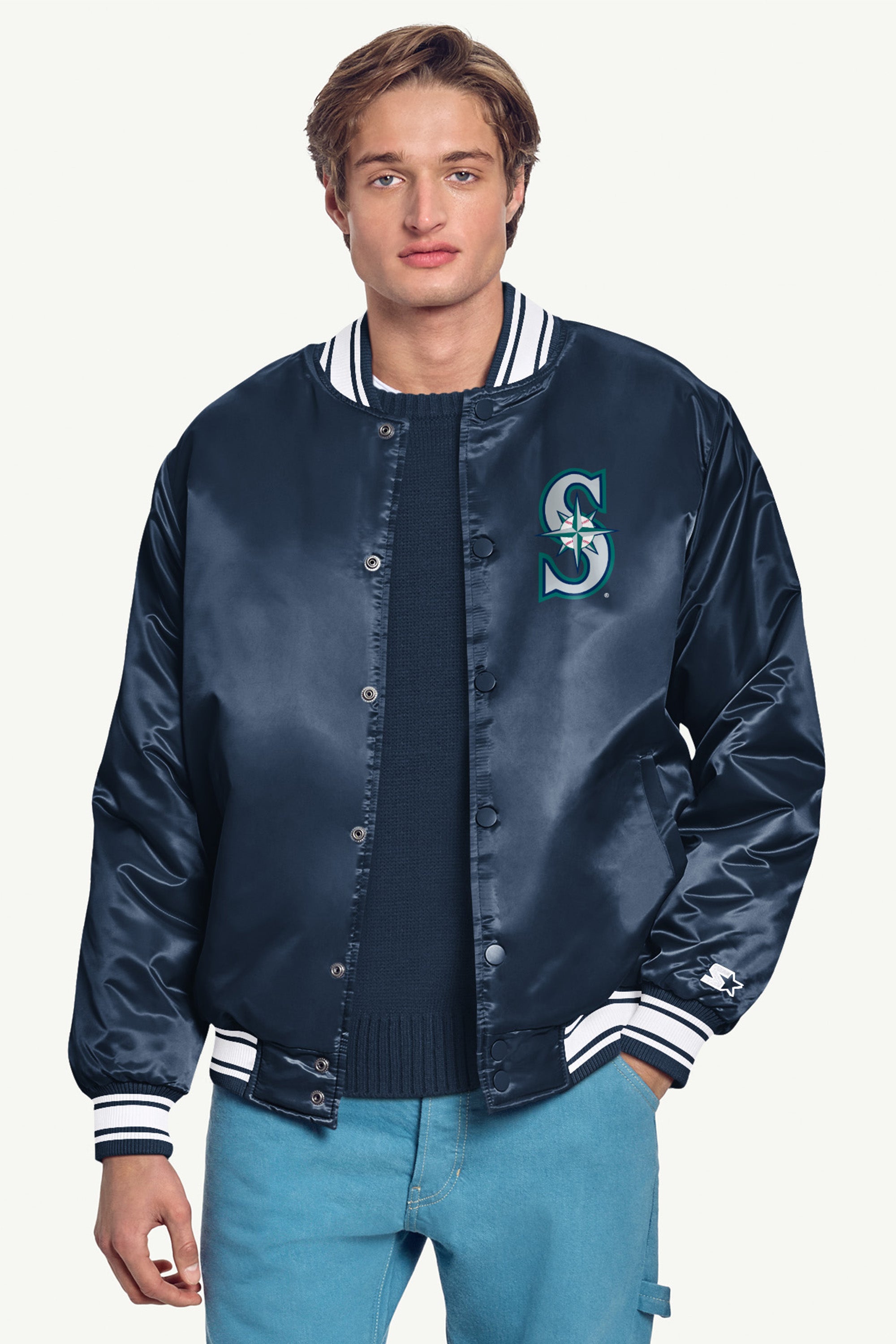 MENS SEATTLE MARINERS PRINTED HOMEPLATE SATIN VARSITY JACKET View 3 | Seattle Mariners MENS SEATTLE MARINERS PRINTED HOMEPLATE SATIN VARSITY JACKET View 3 | Seattle Mariners