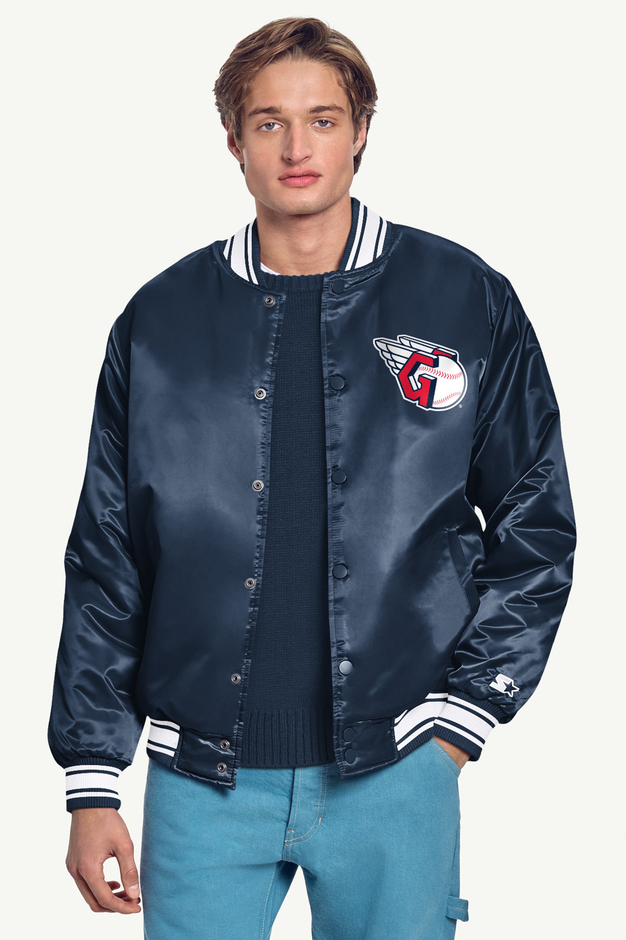 MENS CLEVELAND GUARDIANS PRINTED HOMEPLATE SATIN VARSITY JACKET View 3 | Satin Varsity Jackets MENS CLEVELAND GUARDIANS PRINTED HOMEPLATE SATIN VARSITY JACKET View 3 | Satin Varsity Jackets