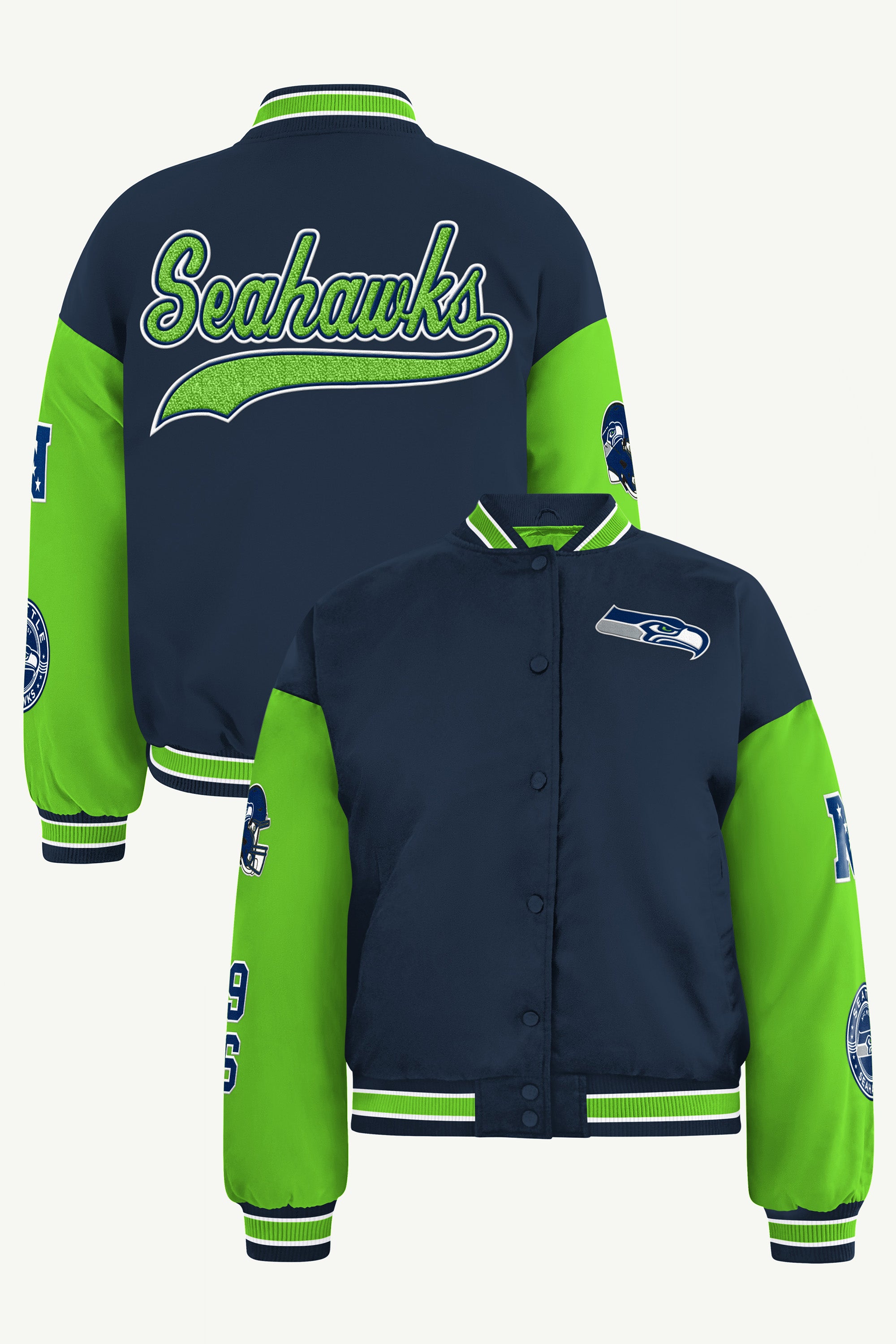 WOMENS SEATTLE SEAHAWKS REBOUND VARSITY JACKET View 1 WOMENS SEATTLE SEAHAWKS REBOUND VARSITY JACKET View 1