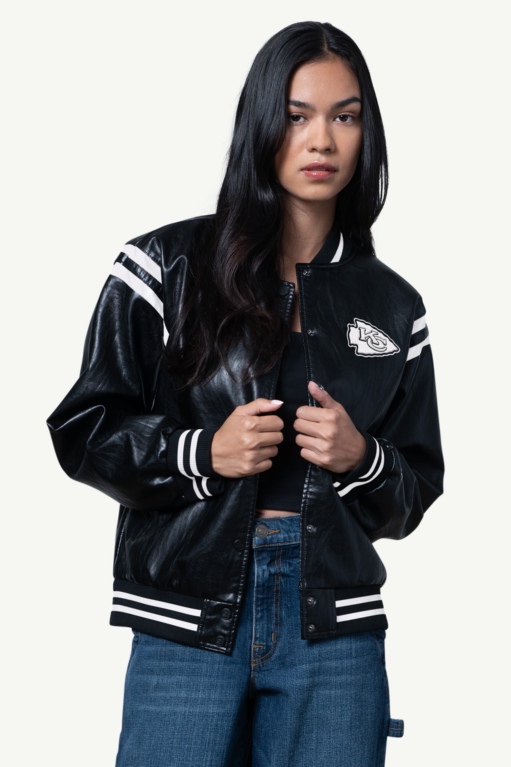 WOMENS KANSAS CITY CHIEFS FAUX LEATHER VARSITY JACKET View 1 | STARTER CLASSICS WOMENS KANSAS CITY CHIEFS FAUX LEATHER VARSITY JACKET View 1 | STARTER CLASSICS