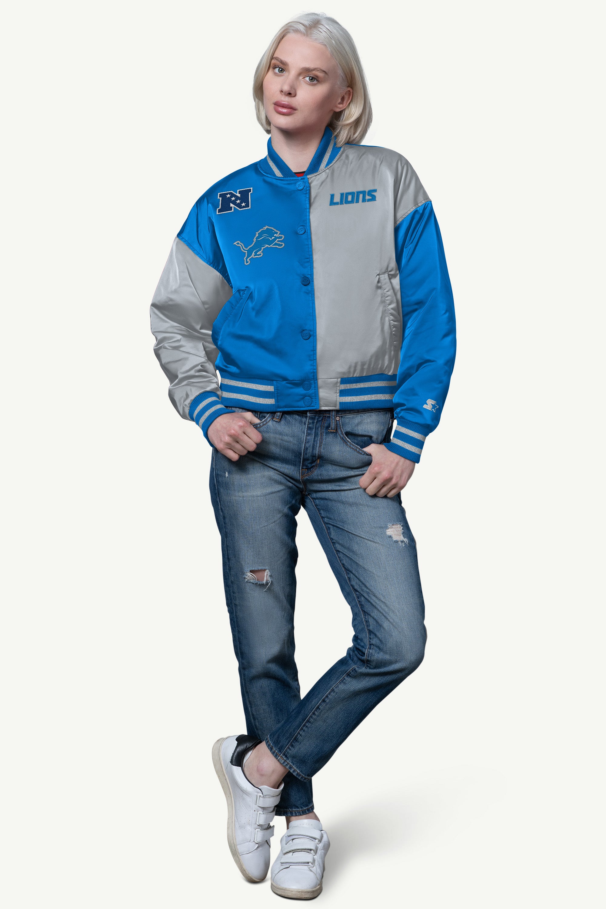 WOMENS DETROIT LIONS OFFSIDE SATIN VARSITY JACKET View 3 | NFL WOMENS DETROIT LIONS OFFSIDE SATIN VARSITY JACKET View 3 | NFL