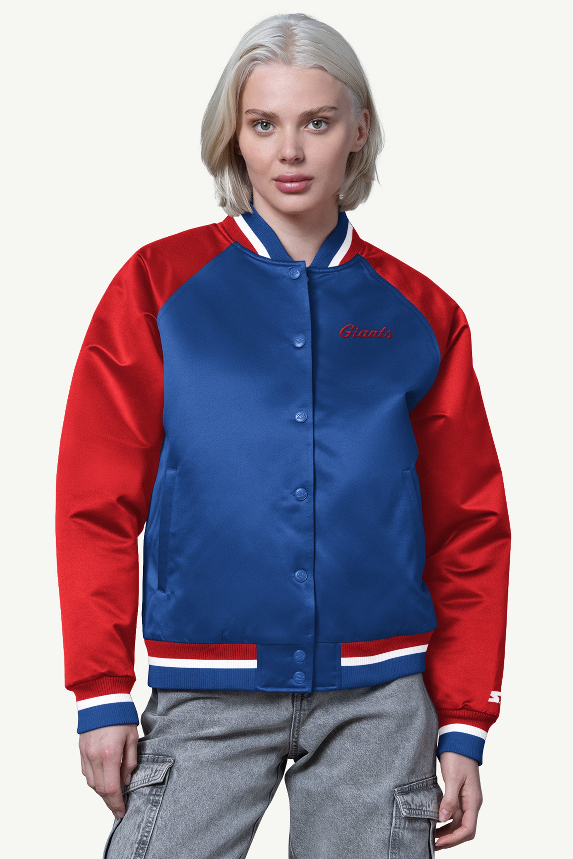 WOMENS NEW YORK GIANTS FINAL SCORE SATIN VARSITY JACKET View 1 | New York Giants WOMENS NEW YORK GIANTS FINAL SCORE SATIN VARSITY JACKET View 1 | New York Giants