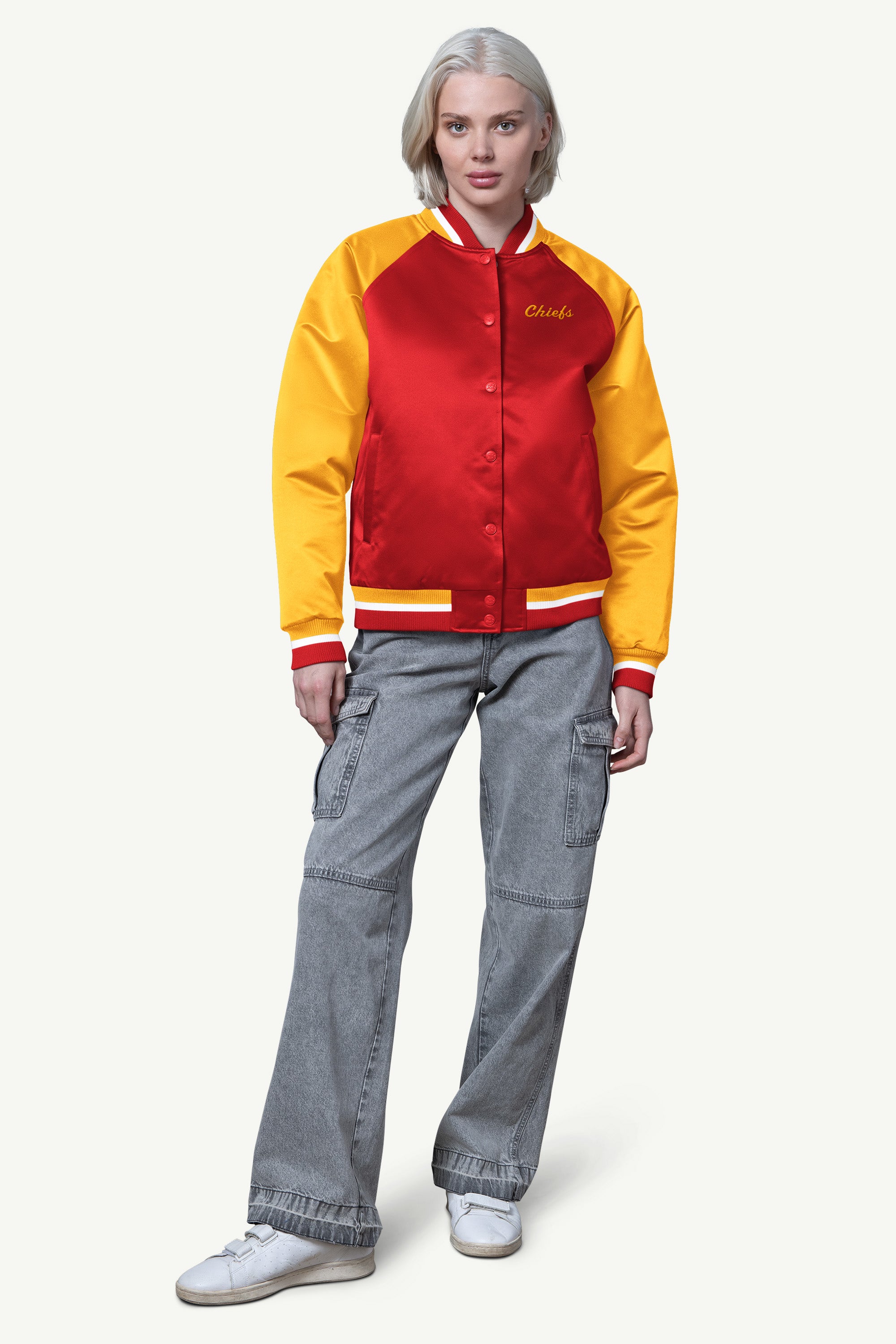 WOMENS KANSAS CITY CHIEFS FINAL SCORE SATIN VARSITY JACKET View 3 WOMENS KANSAS CITY CHIEFS FINAL SCORE SATIN VARSITY JACKET View 3