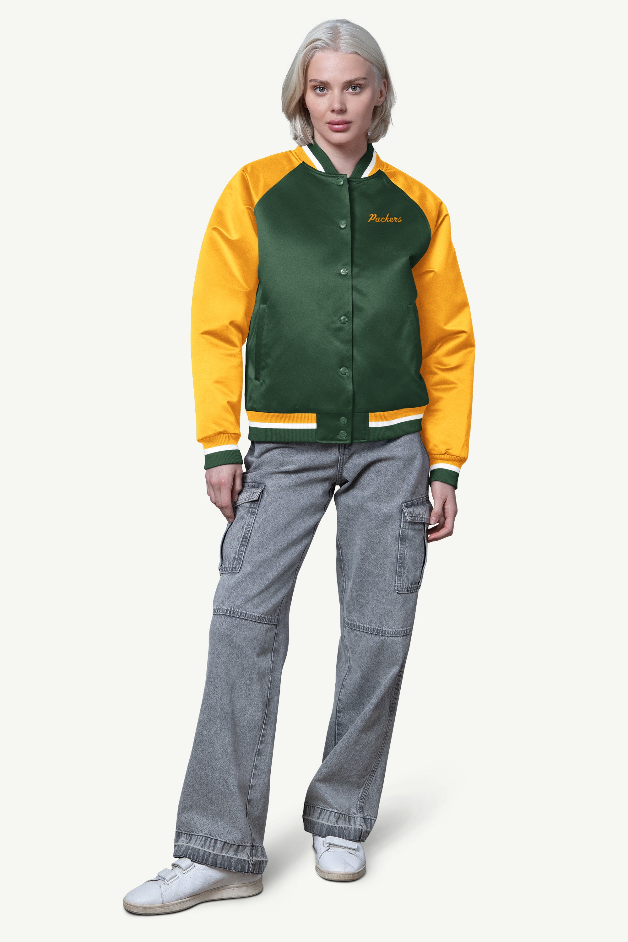 WOMENS GREEN BAY PACKERS FINAL SCORE SATIN VARSITY JACKET View 3 | Green Bay Packers WOMENS GREEN BAY PACKERS FINAL SCORE SATIN VARSITY JACKET View 3 | Green Bay Packers