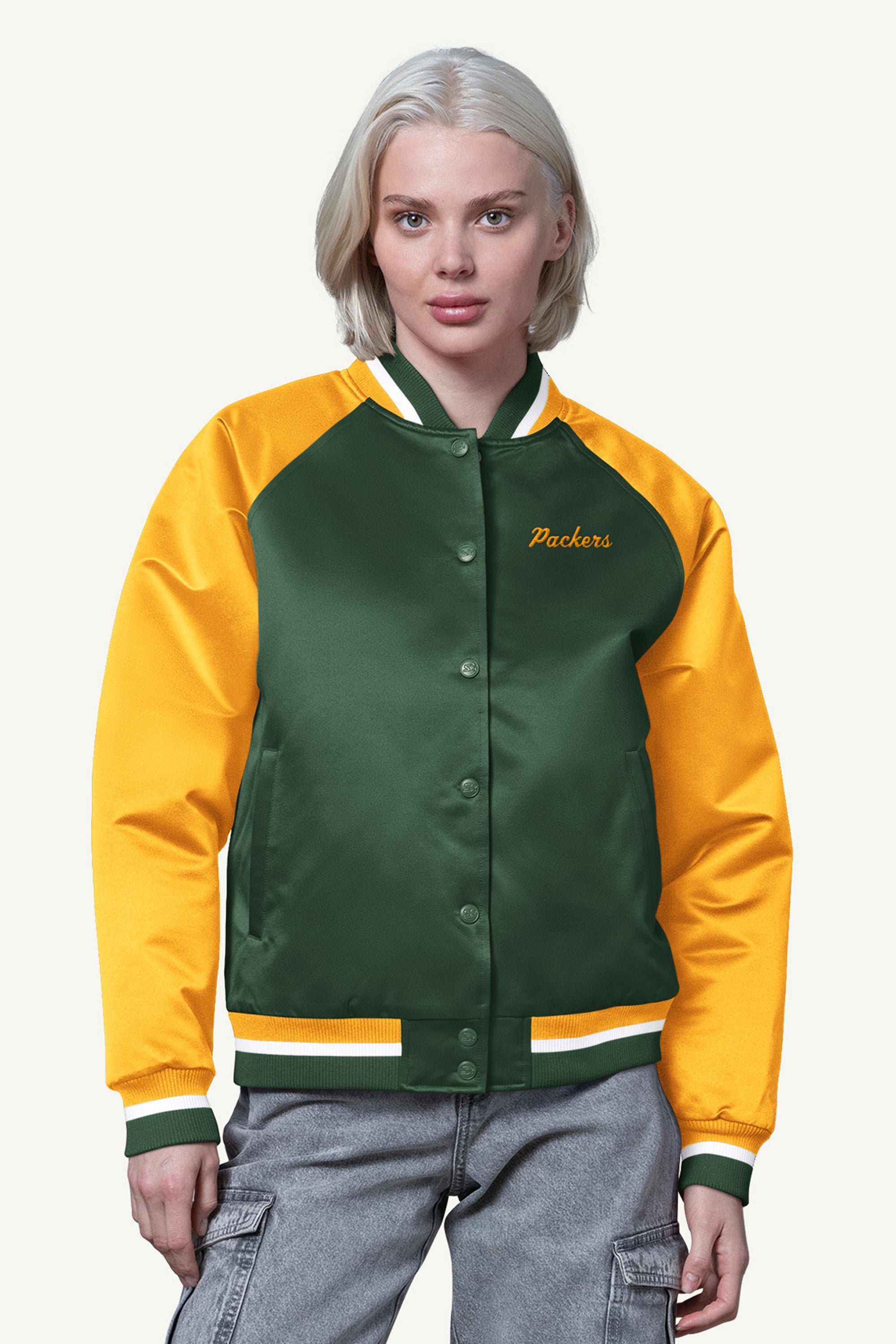 WOMENS GREEN BAY PACKERS FINAL SCORE SATIN VARSITY JACKET View 1 | Green Bay Packers WOMENS GREEN BAY PACKERS FINAL SCORE SATIN VARSITY JACKET View 1 | Green Bay Packers