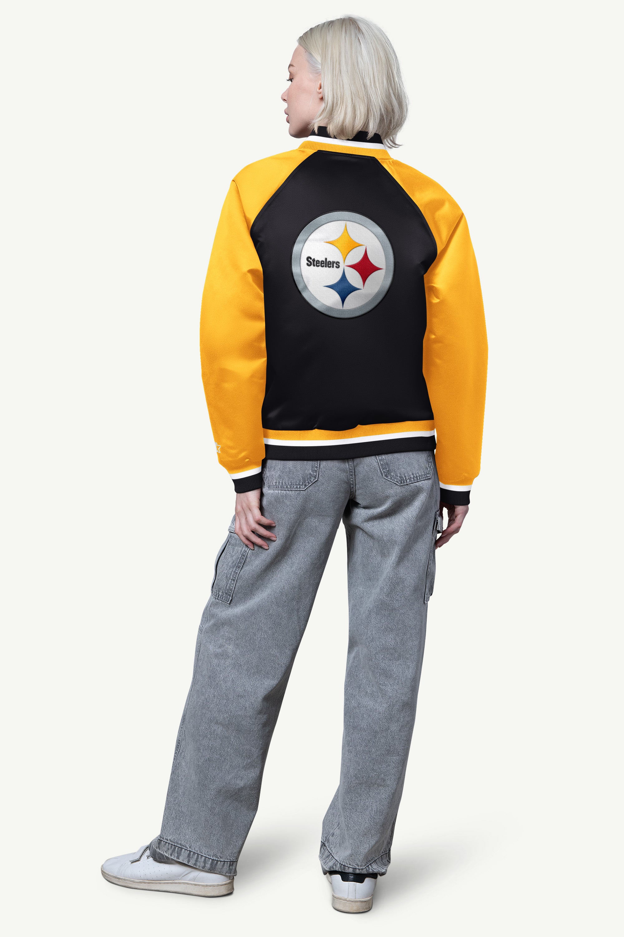 WOMENS PITTSBURGH STEELERS FINAL SCORE SATIN VARSITY JACKET View 2 | Pittsburgh Steelers WOMENS PITTSBURGH STEELERS FINAL SCORE SATIN VARSITY JACKET View 2 | Pittsburgh Steelers