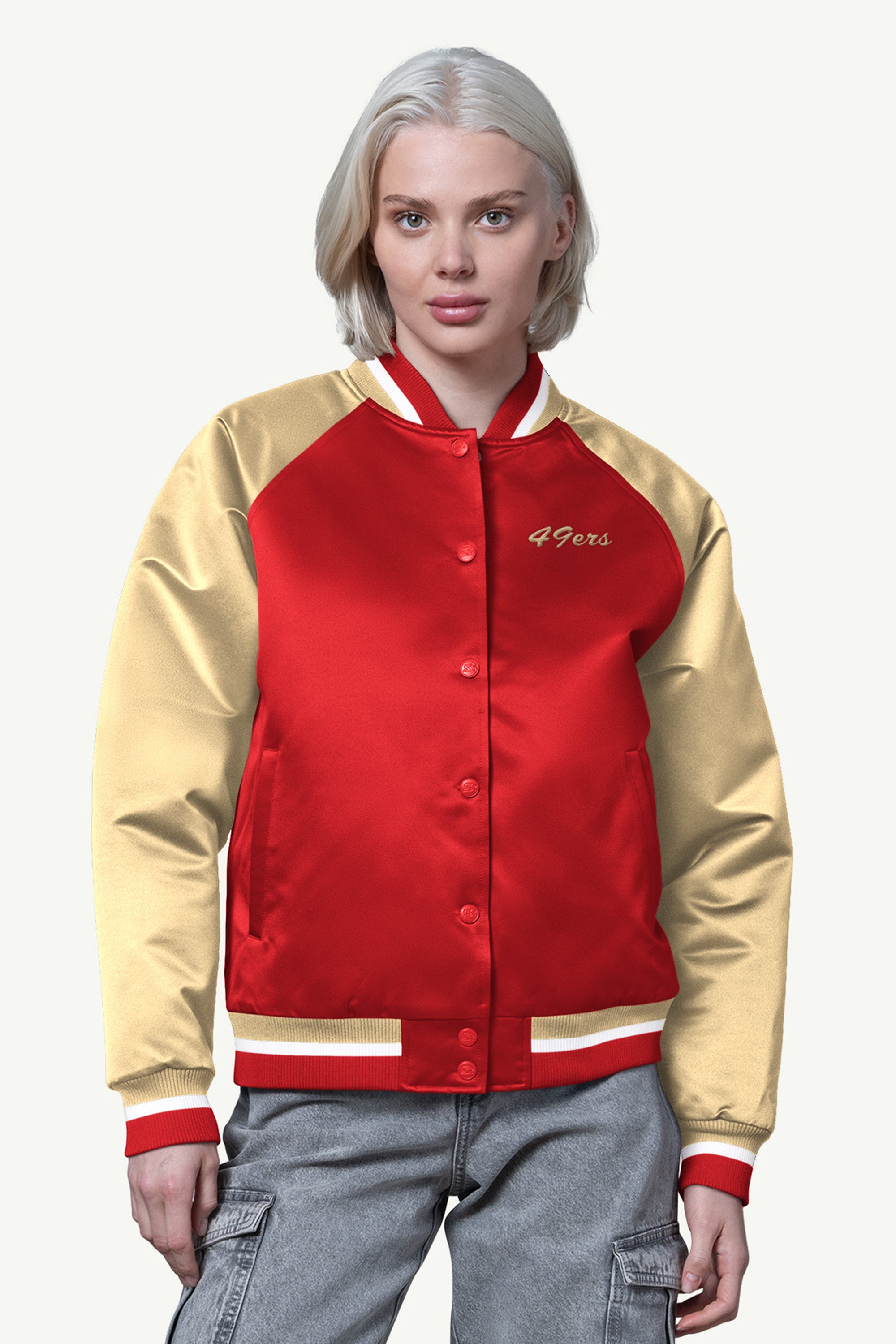 WOMENS SAN FRANCISCO 49ERS FINAL SCORE SATIN VARSITY JACKET View 1 | NFL WOMENS SAN FRANCISCO 49ERS FINAL SCORE SATIN VARSITY JACKET View 1 | NFL