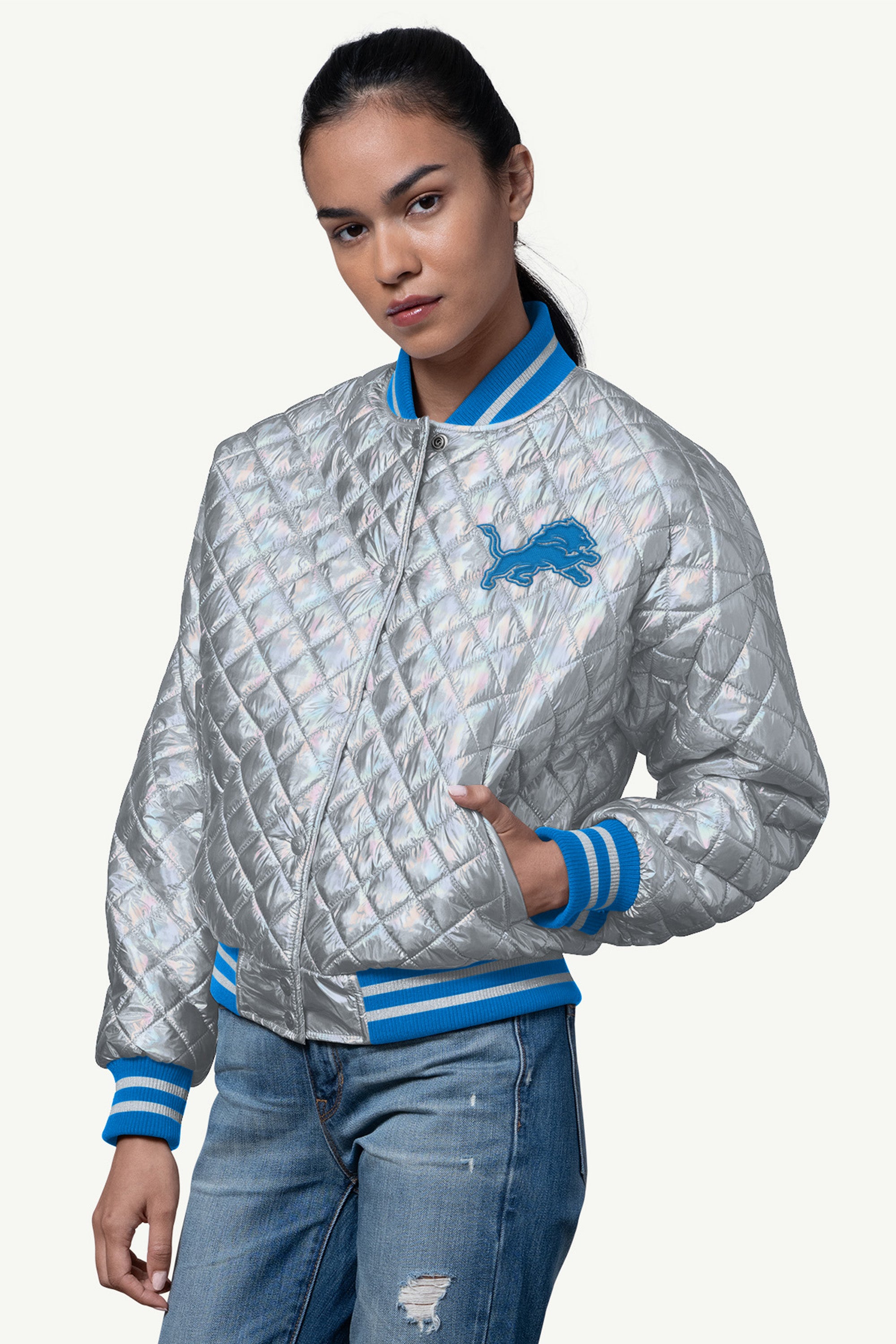 WOMENS DETROIT LIONS BLOWOUT METALLIC JACKET View 1 | Detroit Lions WOMENS DETROIT LIONS BLOWOUT METALLIC JACKET View 1 | Detroit Lions