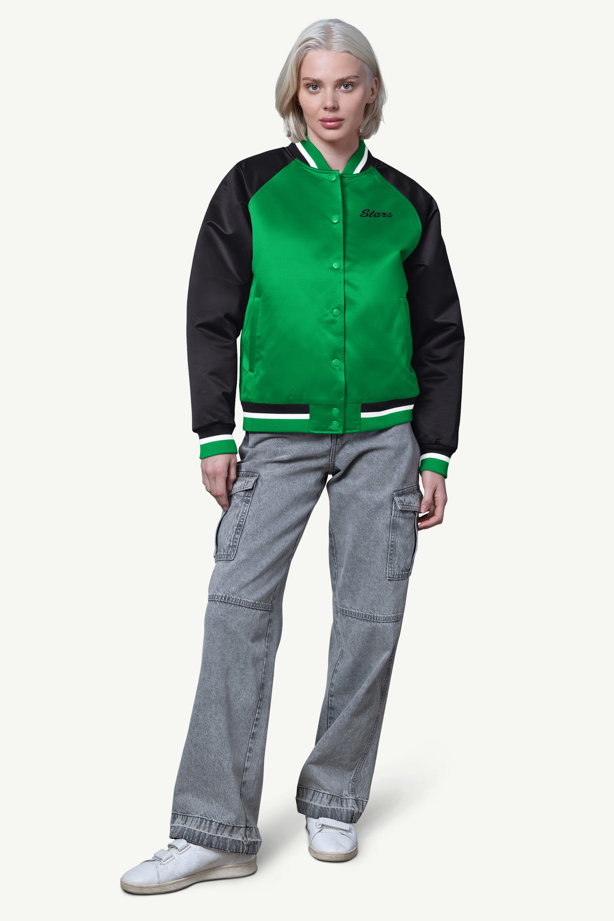 WOMENS DALLAS STARS FINAL SCORE SATIN VARSITY JACKET View 3 | Dallas Stars WOMENS DALLAS STARS FINAL SCORE SATIN VARSITY JACKET View 3 | Dallas Stars