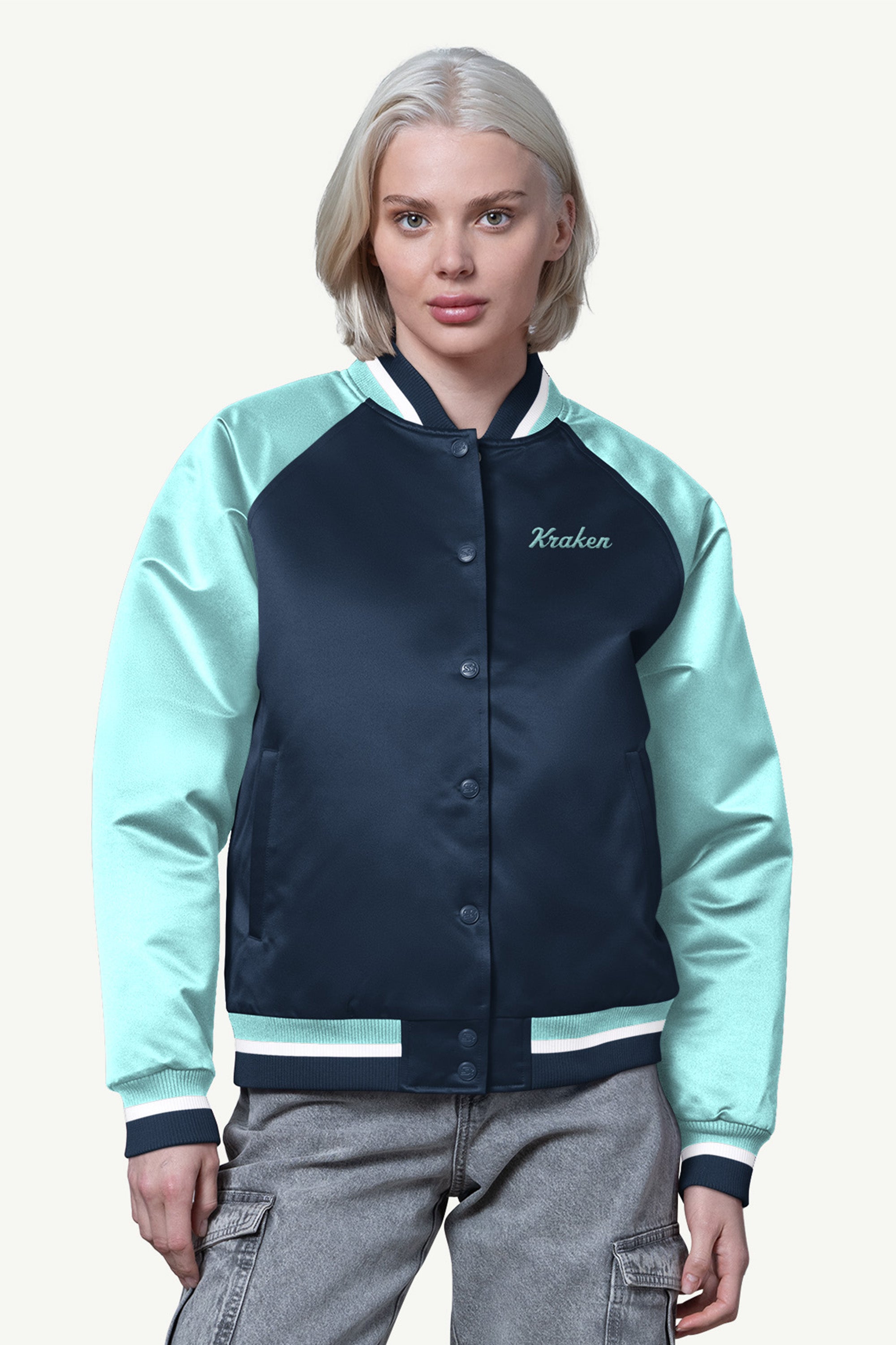 WOMENS SEATTLE KRAKEN FINAL SCORE SATIN VARSITY JACKET View 1 | Seattle Kraken WOMENS SEATTLE KRAKEN FINAL SCORE SATIN VARSITY JACKET View 1 | Seattle Kraken