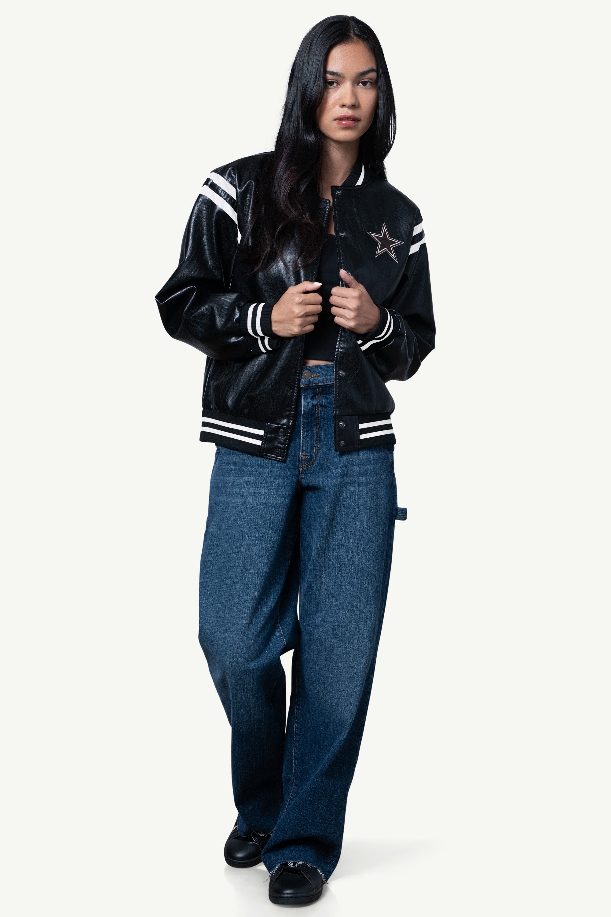 WOMENS DALLAS COWBOYS FAUX LEATHER VARSITY JACKET View 3 | Dallas Cowboys WOMENS DALLAS COWBOYS FAUX LEATHER VARSITY JACKET View 3 | Dallas Cowboys