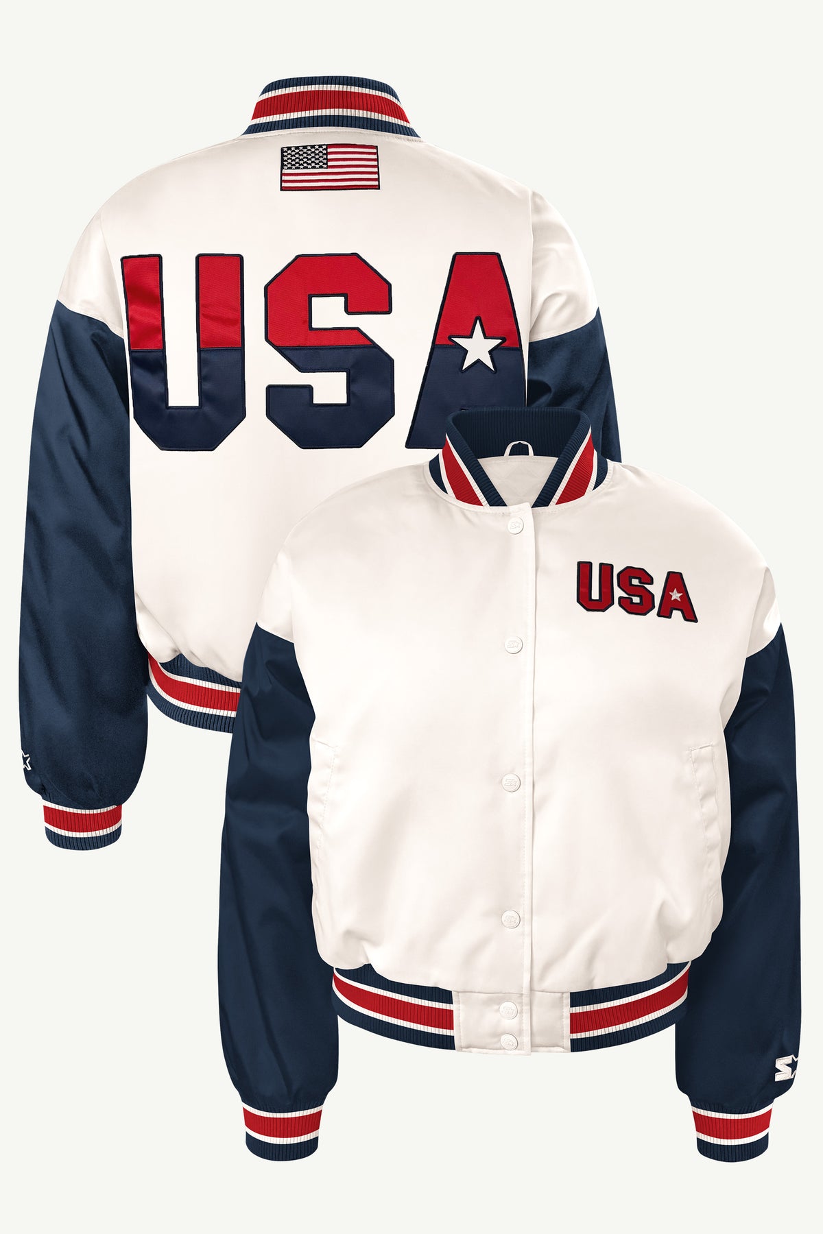 WOMENS USA GAME ON SATIN VARSITY JACKET View 1 WOMENS USA GAME ON SATIN VARSITY JACKET View 1