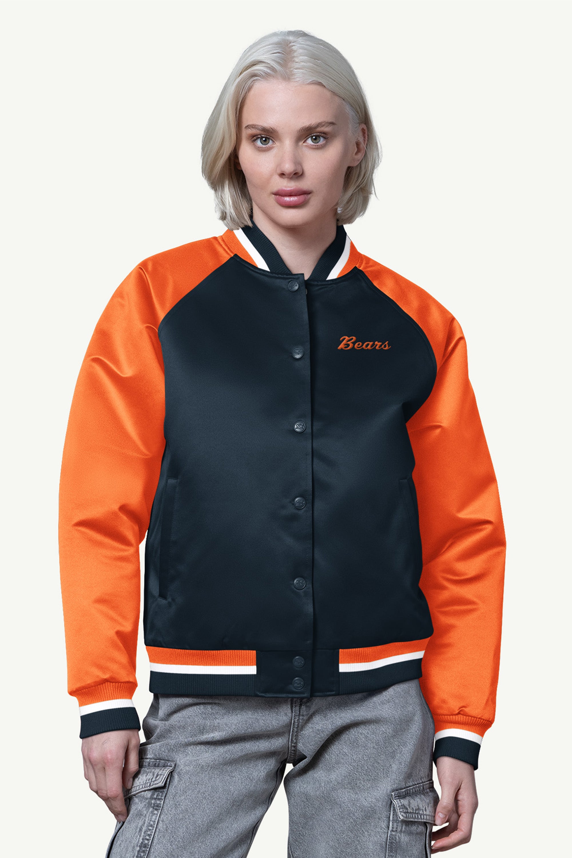 WOMENS CHICAGO BEARS FINAL SCORE SATIN VARSITY JACKET View 1 | Chicago Bears WOMENS CHICAGO BEARS FINAL SCORE SATIN VARSITY JACKET View 1 | Chicago Bears