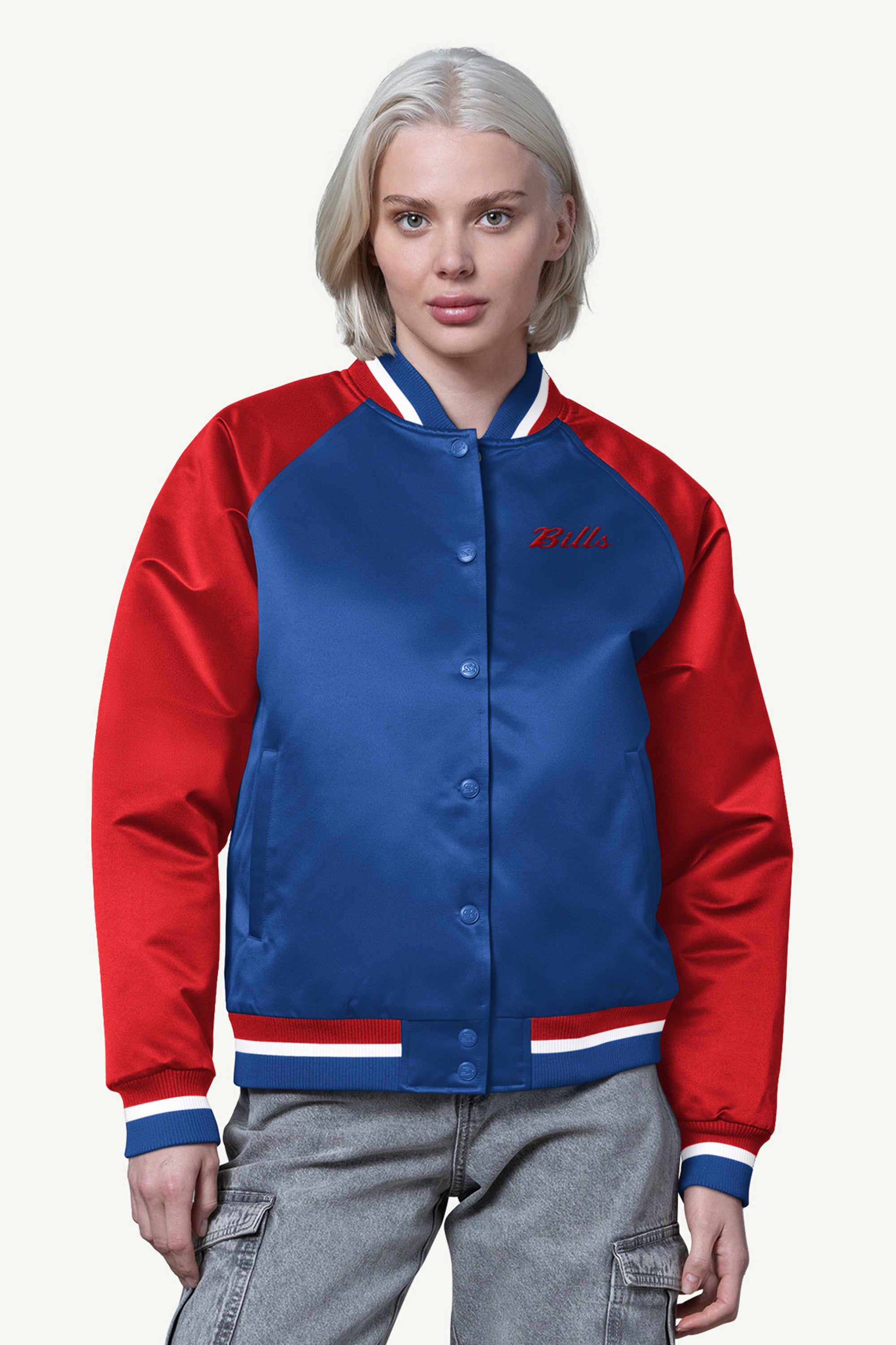 WOMENS BUFFALO BILLS FINAL SCORE SATIN VARSITY JACKET View 1 | Buffalo Bills WOMENS BUFFALO BILLS FINAL SCORE SATIN VARSITY JACKET View 1 | Buffalo Bills