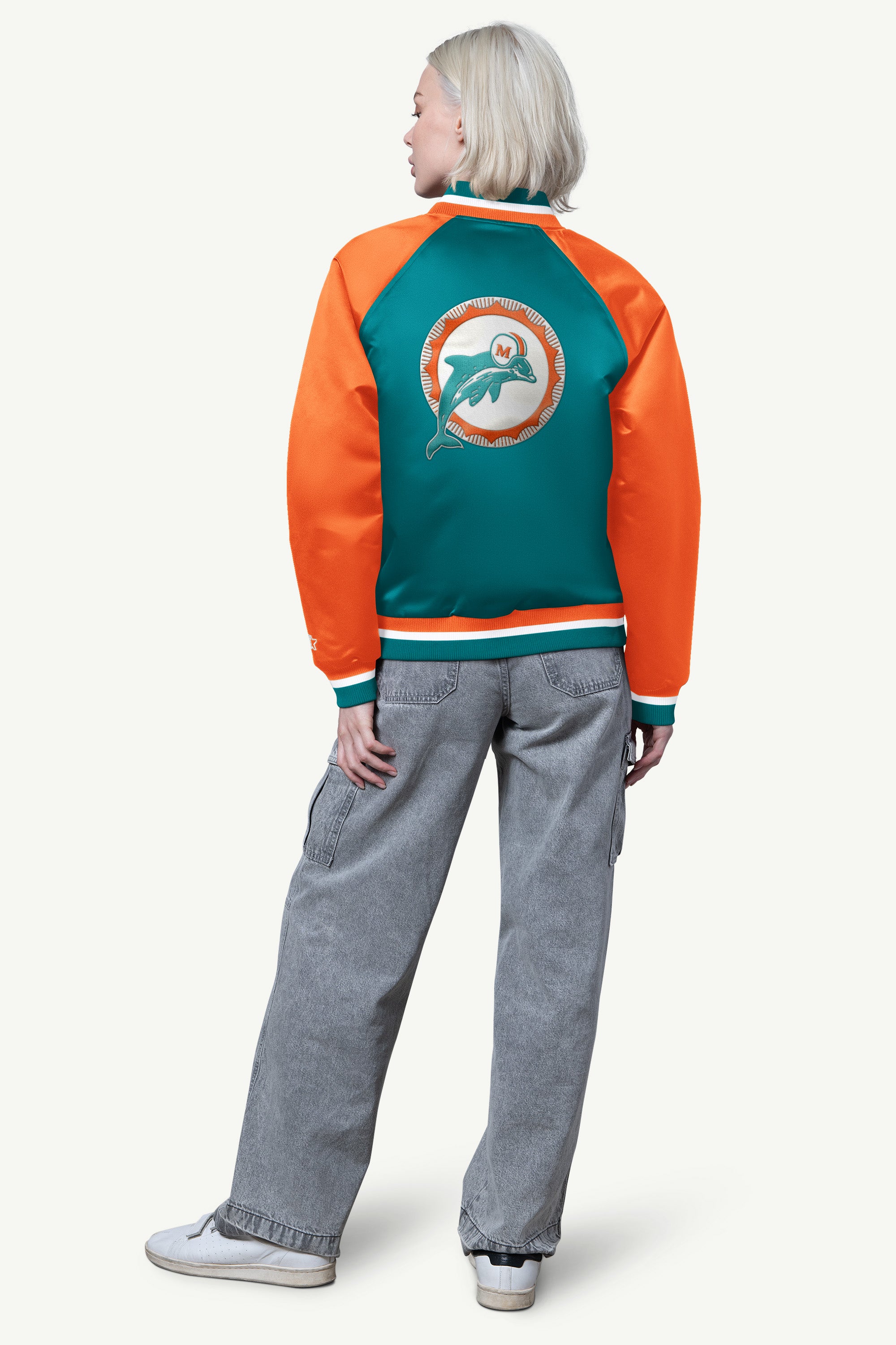 WOMENS MIAMI DOLPHINS FINAL SCORE SATIN VARSITY JACKET View 2 | Miami Dolphins WOMENS MIAMI DOLPHINS FINAL SCORE SATIN VARSITY JACKET View 2 | Miami Dolphins