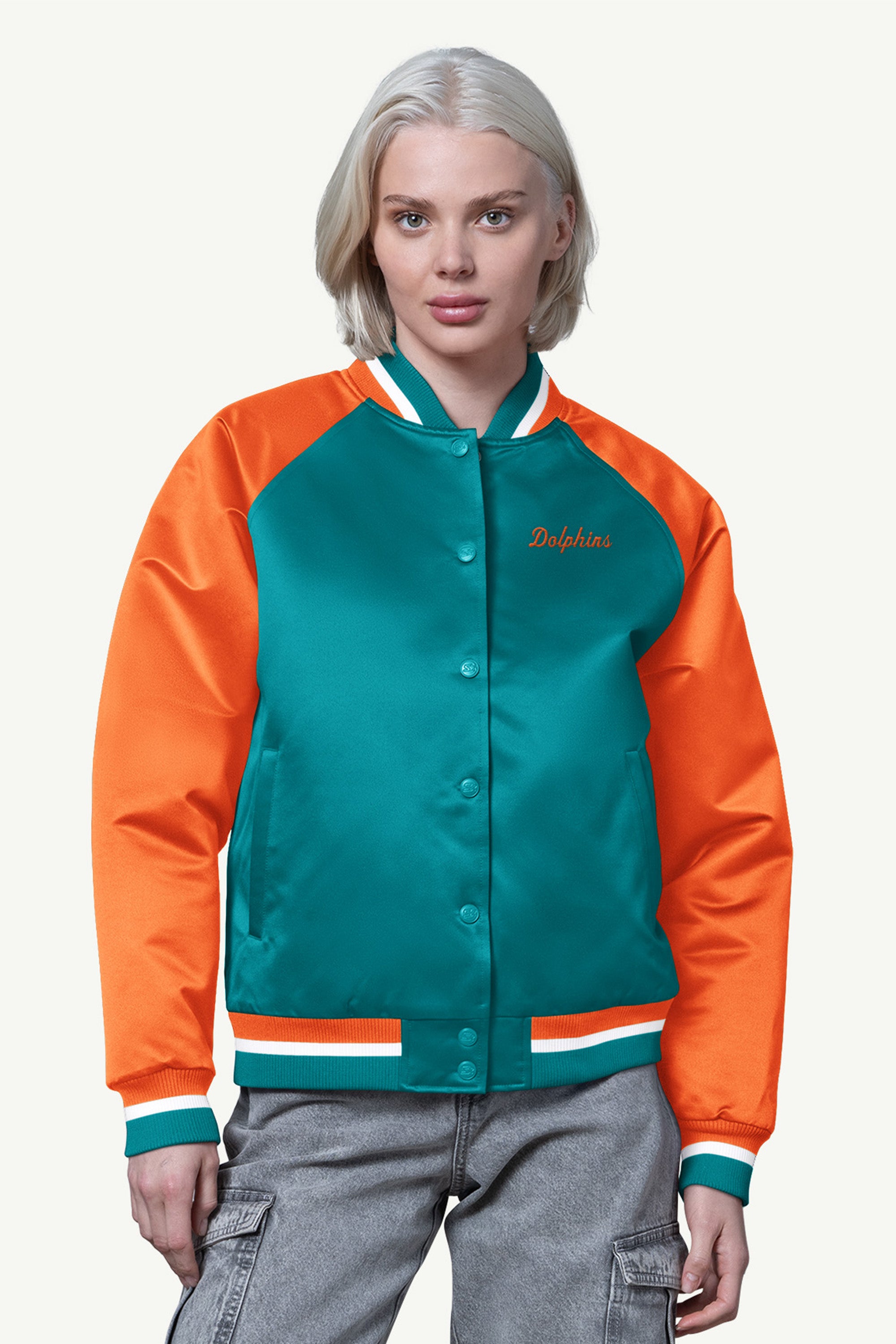 WOMENS MIAMI DOLPHINS FINAL SCORE SATIN VARSITY JACKET View 1 | Miami Dolphins WOMENS MIAMI DOLPHINS FINAL SCORE SATIN VARSITY JACKET View 1 | Miami Dolphins
