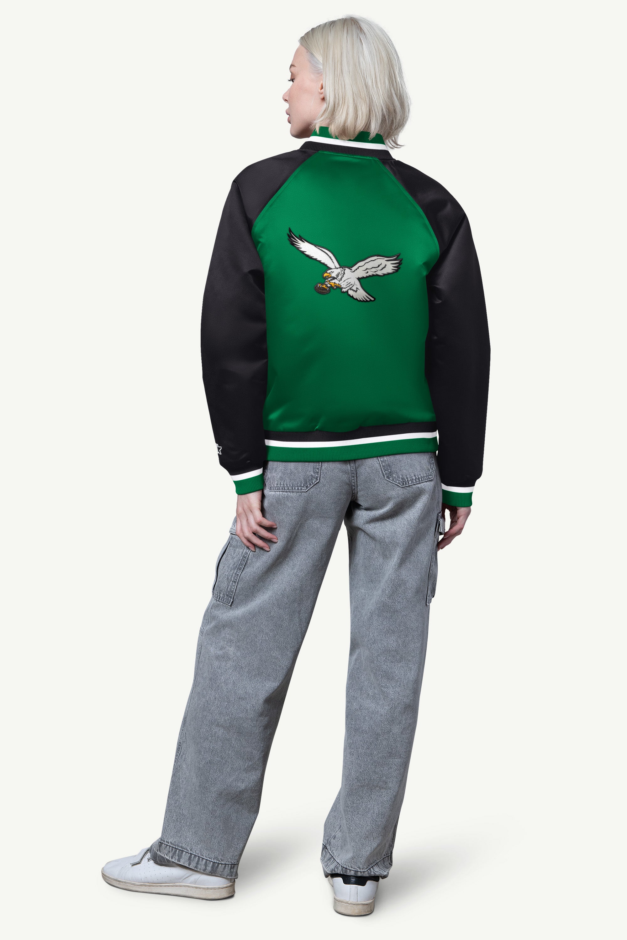 WOMENS PHILADELPHIA EAGLES FINAL SCORE SATIN VARSITY JACKET View 2 WOMENS PHILADELPHIA EAGLES FINAL SCORE SATIN VARSITY JACKET View 2