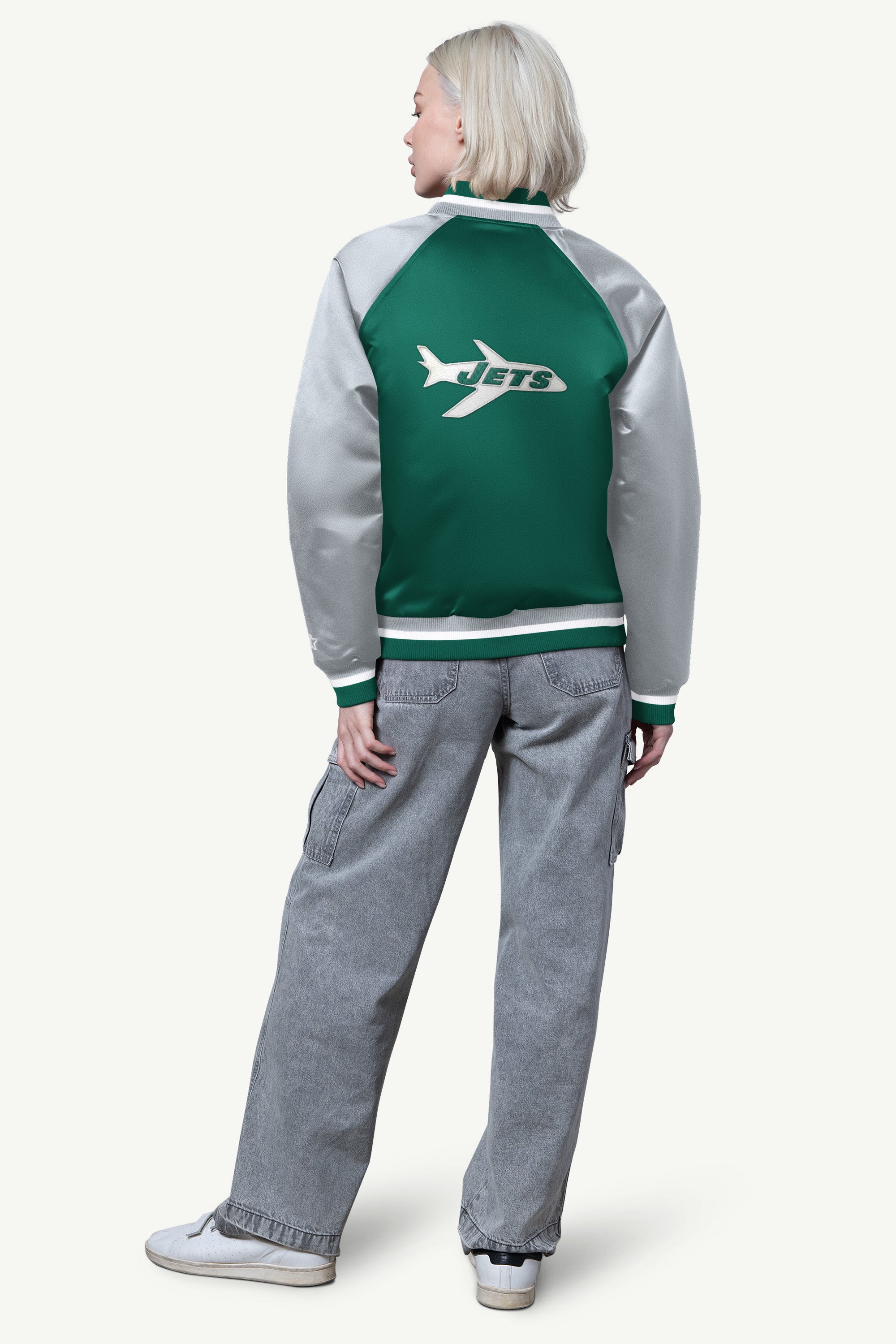 WOMENS NEW YORK JETS FINAL SCORE SATIN VARSITY JACKET View 2 | DTG WOMENS NEW YORK JETS FINAL SCORE SATIN VARSITY JACKET View 2 | DTG