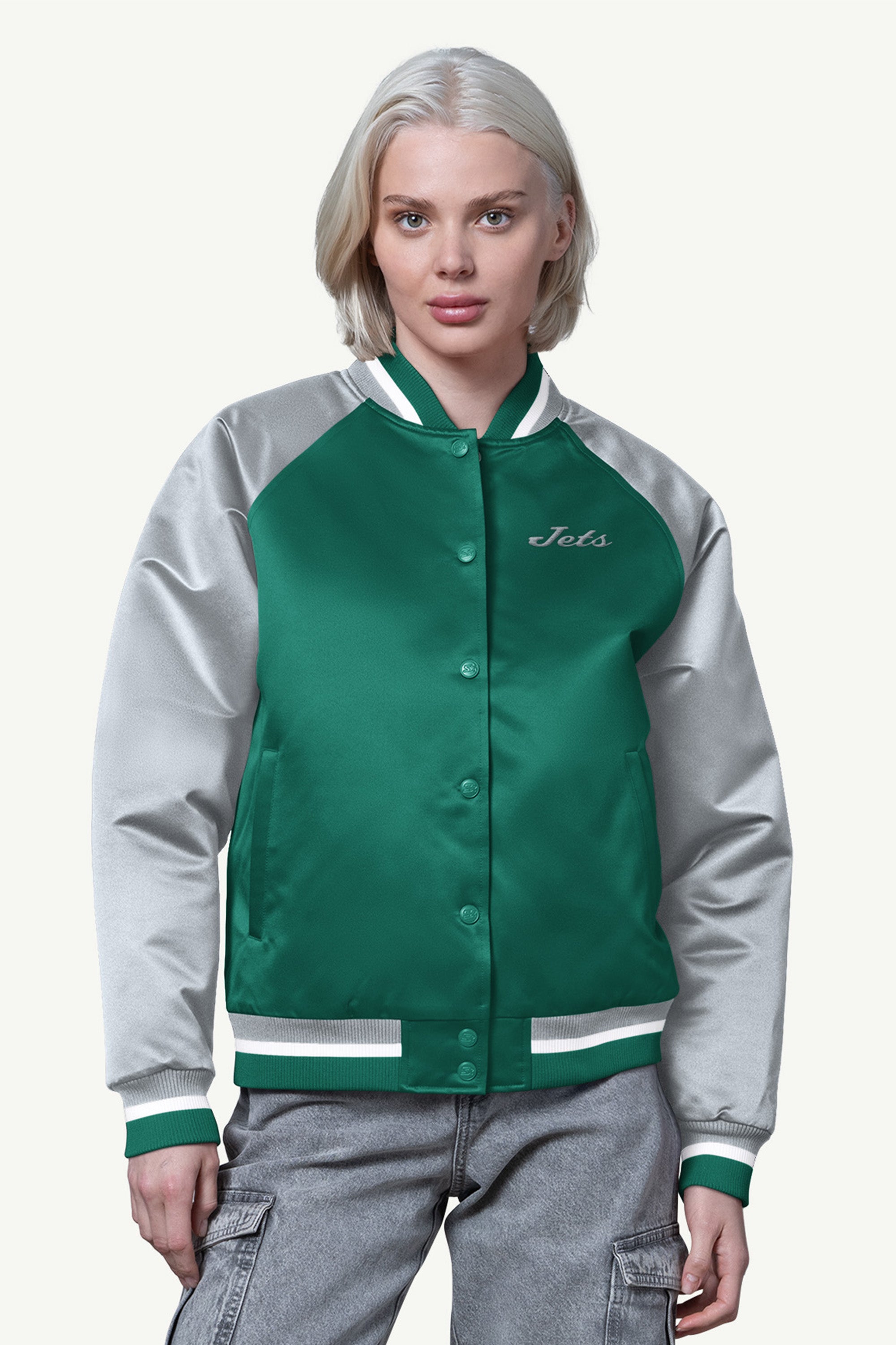 WOMENS NEW YORK JETS FINAL SCORE SATIN VARSITY JACKET View 1 | DTG WOMENS NEW YORK JETS FINAL SCORE SATIN VARSITY JACKET View 1 | DTG
