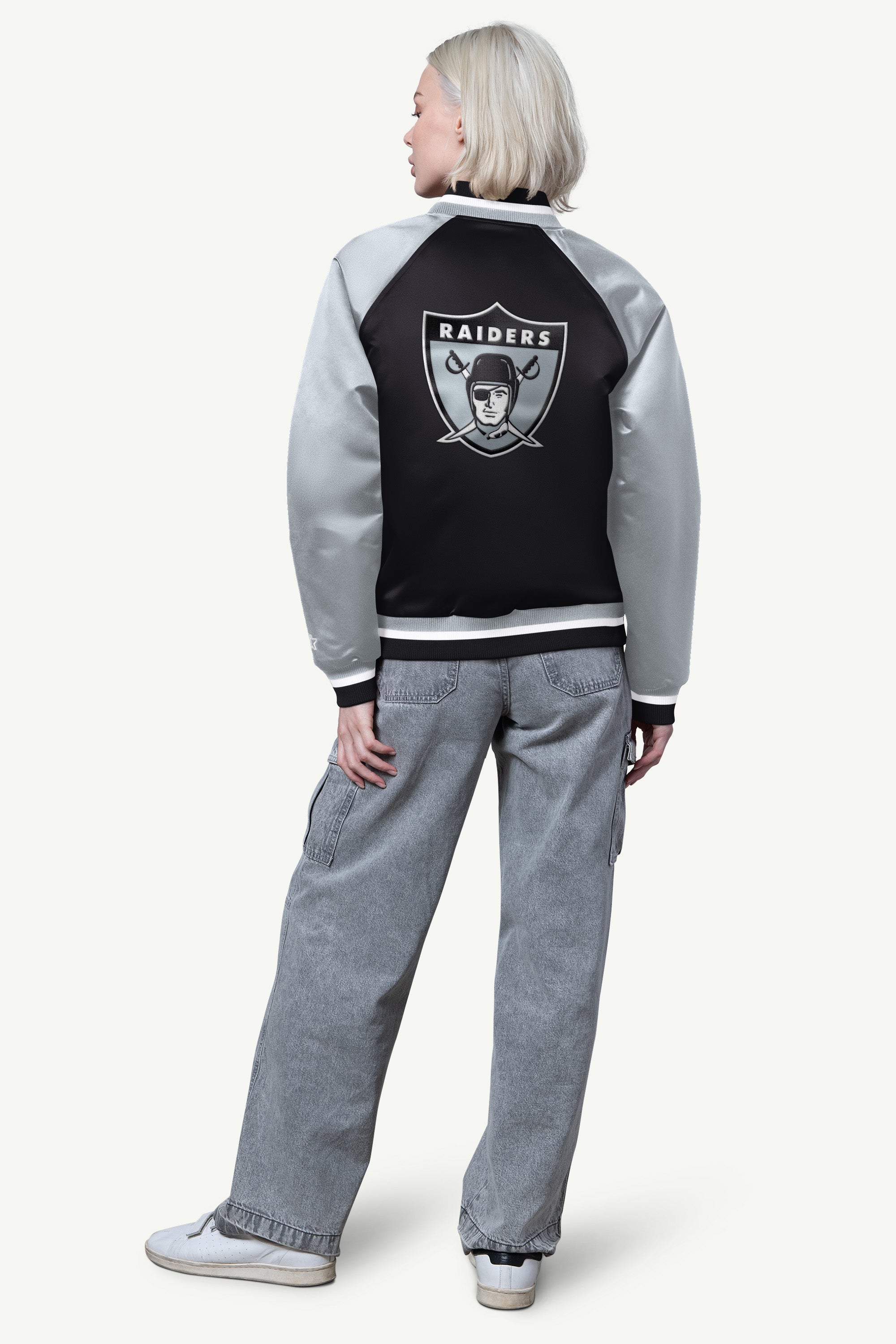 WOMENS LAS VEGAS RAIDERS FINAL SCORE SATIN VARSITY JACKET View 2 | Las Vegas Raiders WOMENS LAS VEGAS RAIDERS FINAL SCORE SATIN VARSITY JACKET View 2 | Las Vegas Raiders