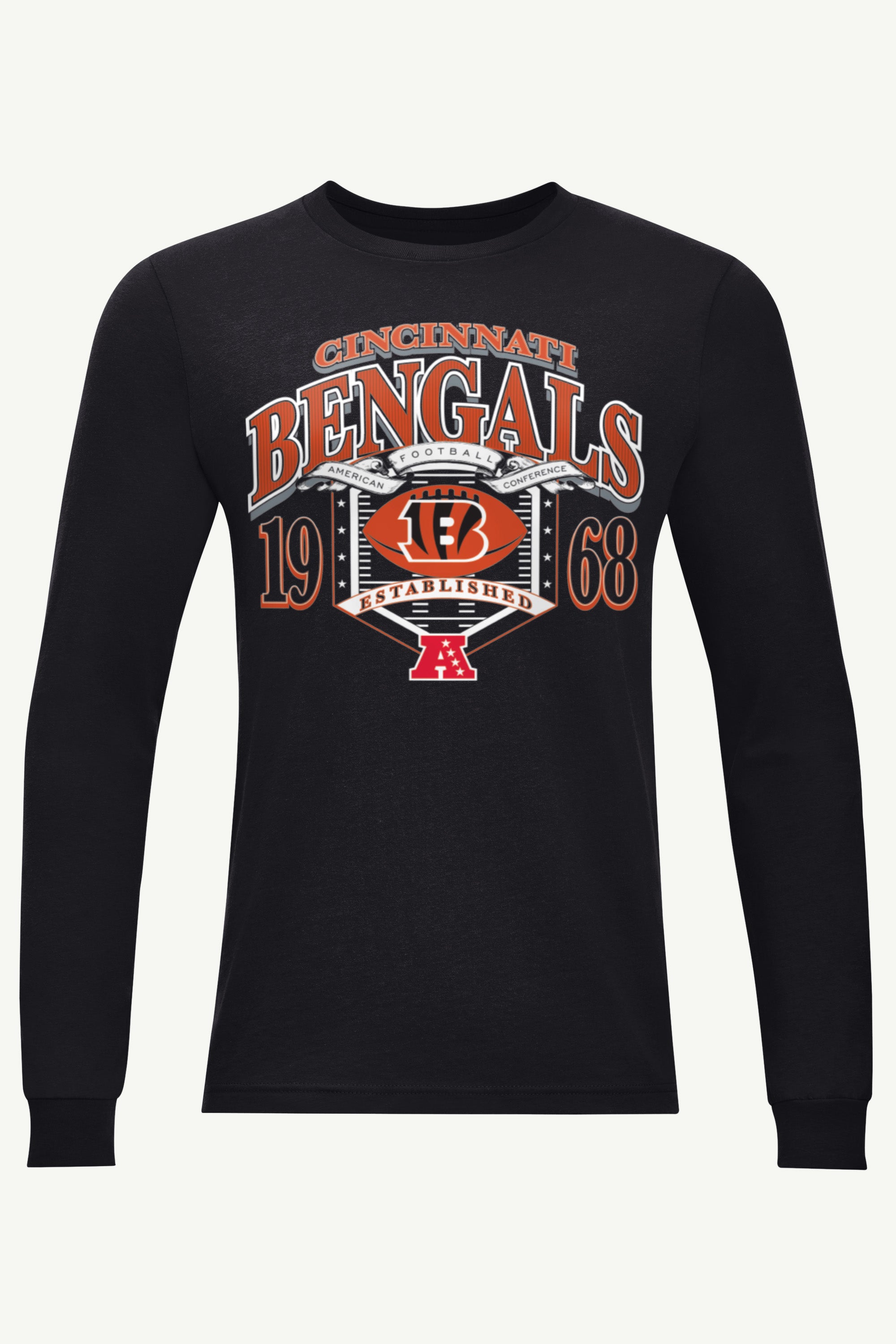 MENS CINCINNATI BENGALS 80s INSPIRED FIELD LONG SLEEVE T SHIRT View 1 | Cincinnati Bengals MENS CINCINNATI BENGALS 80s INSPIRED FIELD LONG SLEEVE T SHIRT View 1 | Cincinnati Bengals