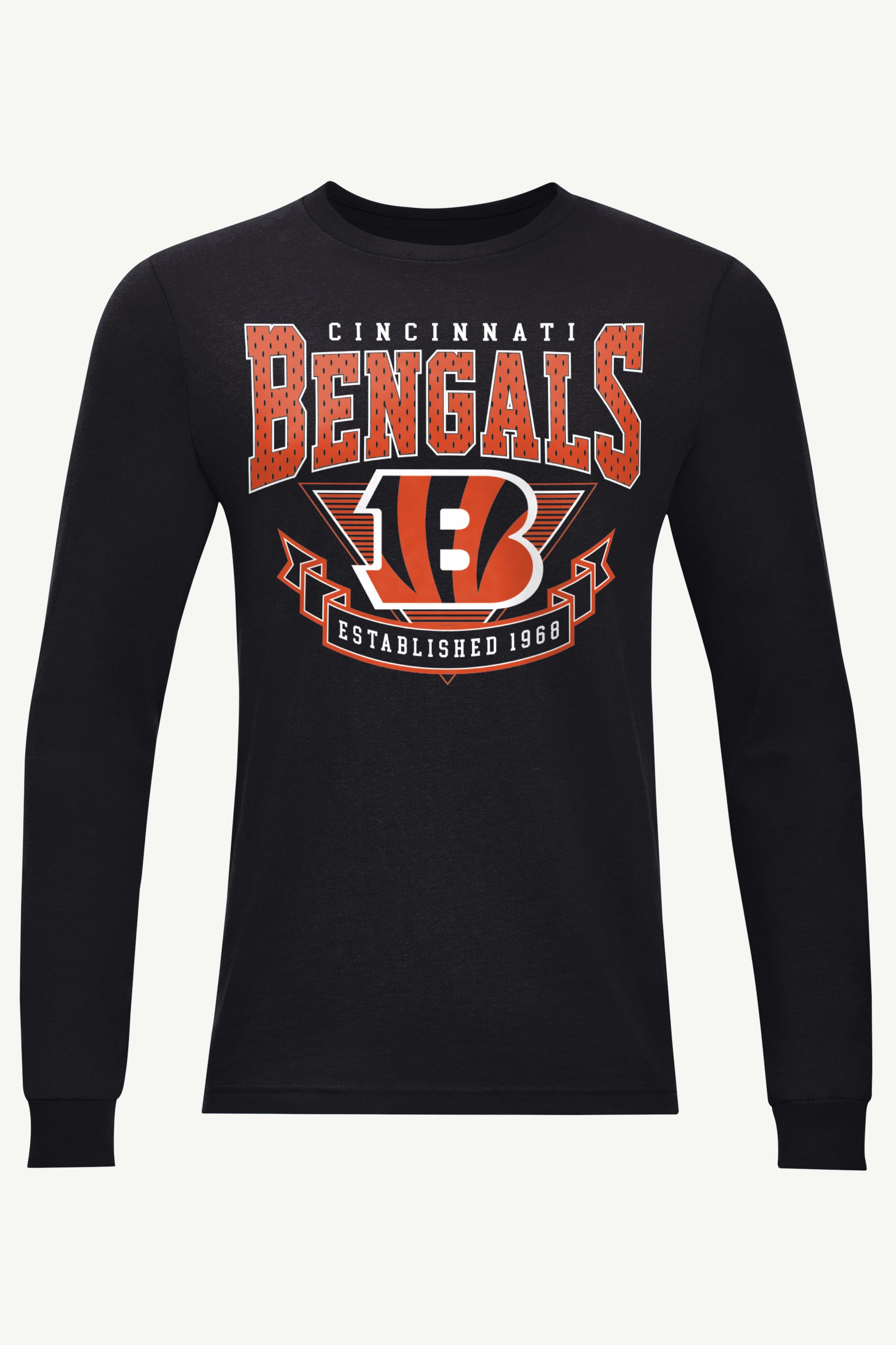 MENS CINCINATTI BENGALS 80's INSPIRED LONG SLEEVE T SHIRT View 1 MENS CINCINATTI BENGALS 80's INSPIRED LONG SLEEVE T SHIRT View 1