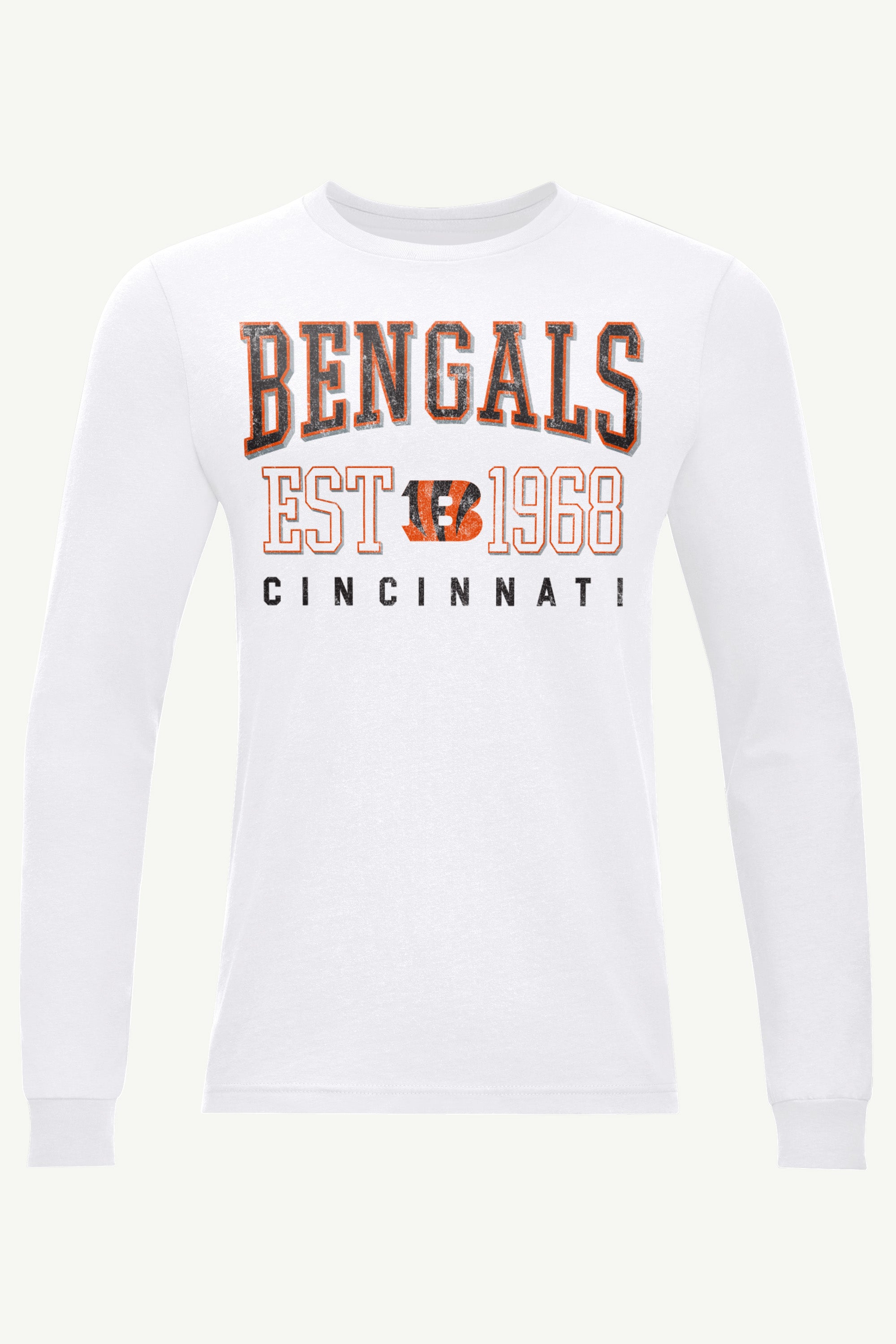 MENS CINCINNATI BENGALS RETRO LONG SLEEVE T SHIRT View 1 MENS CINCINNATI BENGALS RETRO LONG SLEEVE T SHIRT View 1