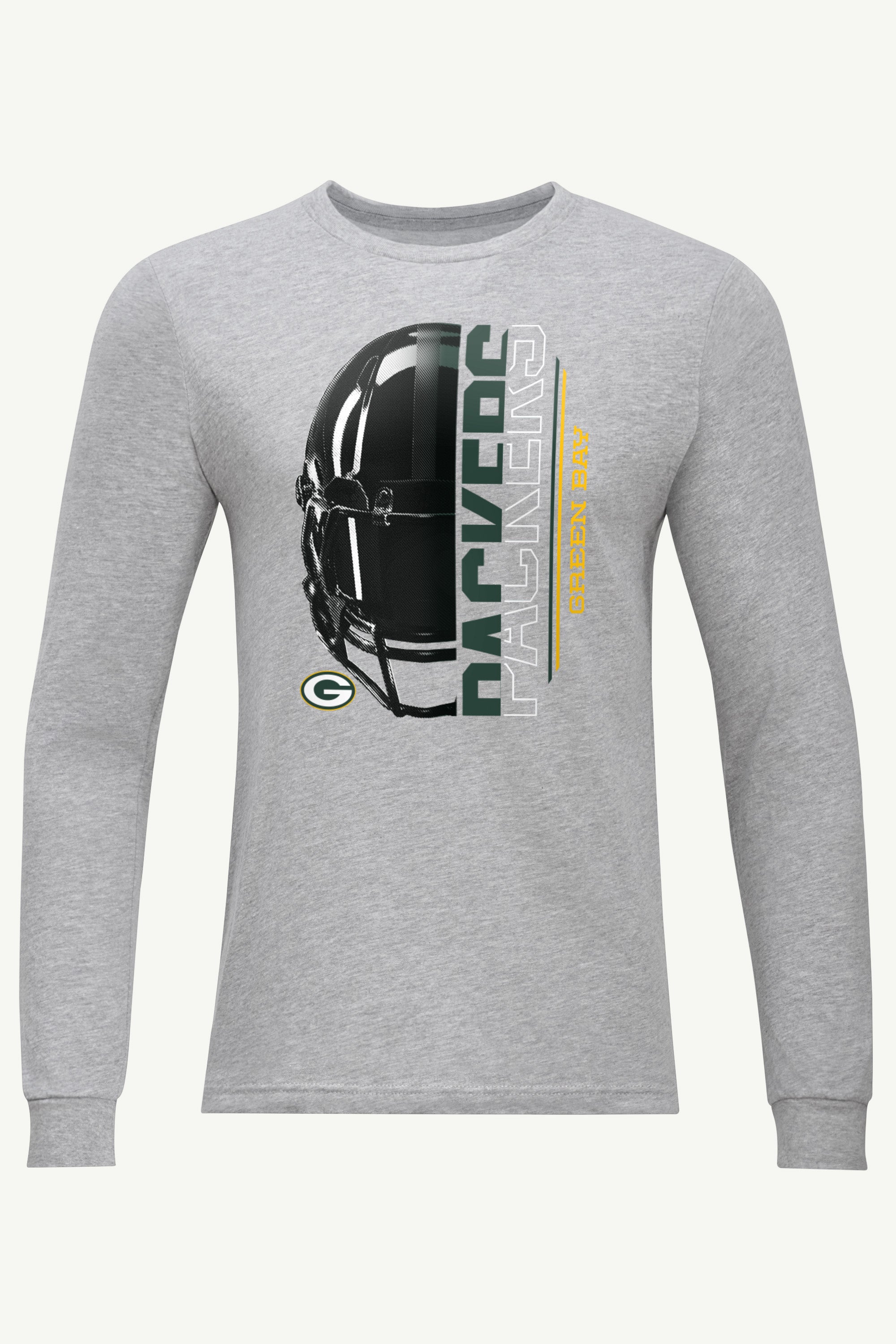 MENS GREEN BAY PACKERS HALF HELMET LONG SLEEVE T SHIRT View 1 | DTG MENS GREEN BAY PACKERS HALF HELMET LONG SLEEVE T SHIRT View 1 | DTG