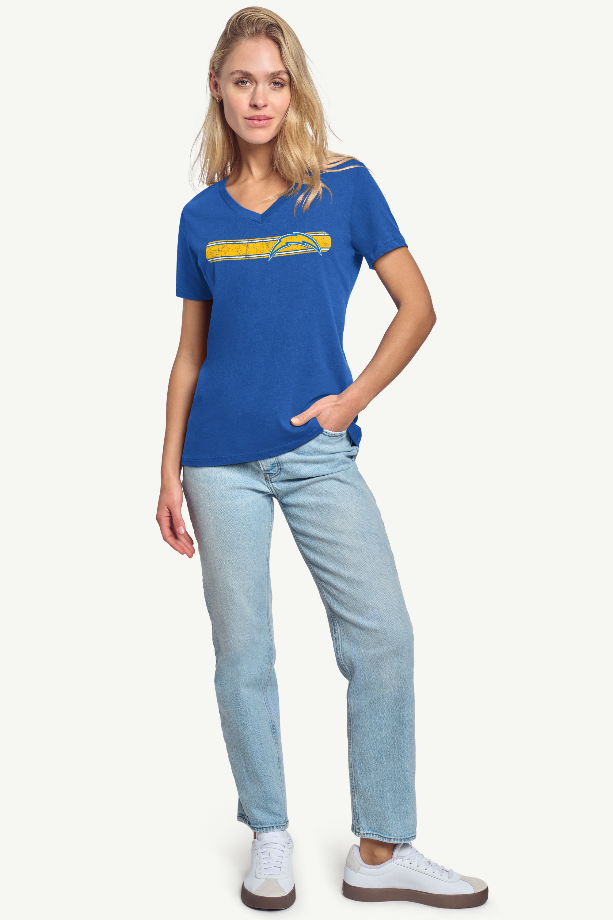 WOMENS LOS ANGELES CHARGERS STRIPE V-NECK T SHIRT View 3 | NFL WOMENS LOS ANGELES CHARGERS STRIPE V-NECK T SHIRT View 3 | NFL
