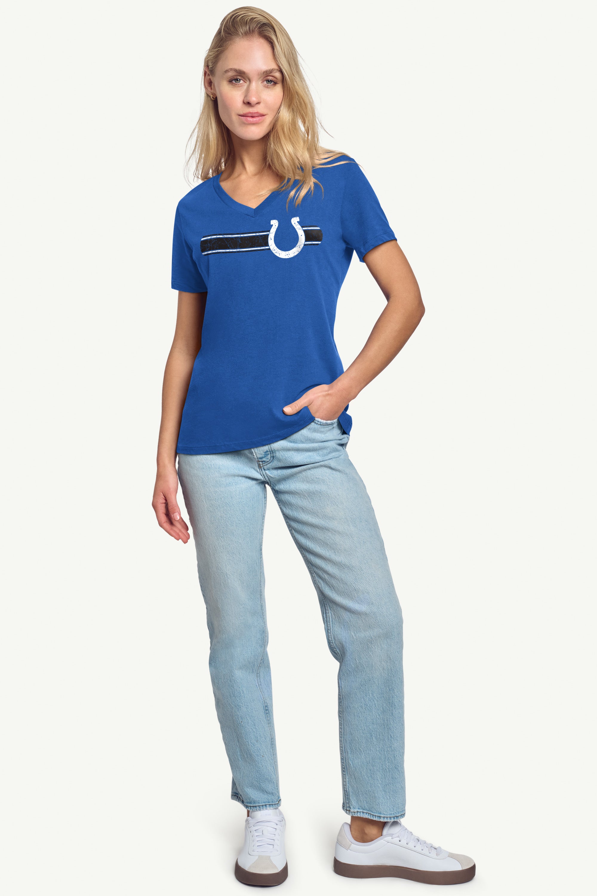 WOMENS INDIANAPOLIS COLTS STRIPE V-NECK T SHIRT View 3 | NFL WOMENS INDIANAPOLIS COLTS STRIPE V-NECK T SHIRT View 3 | NFL