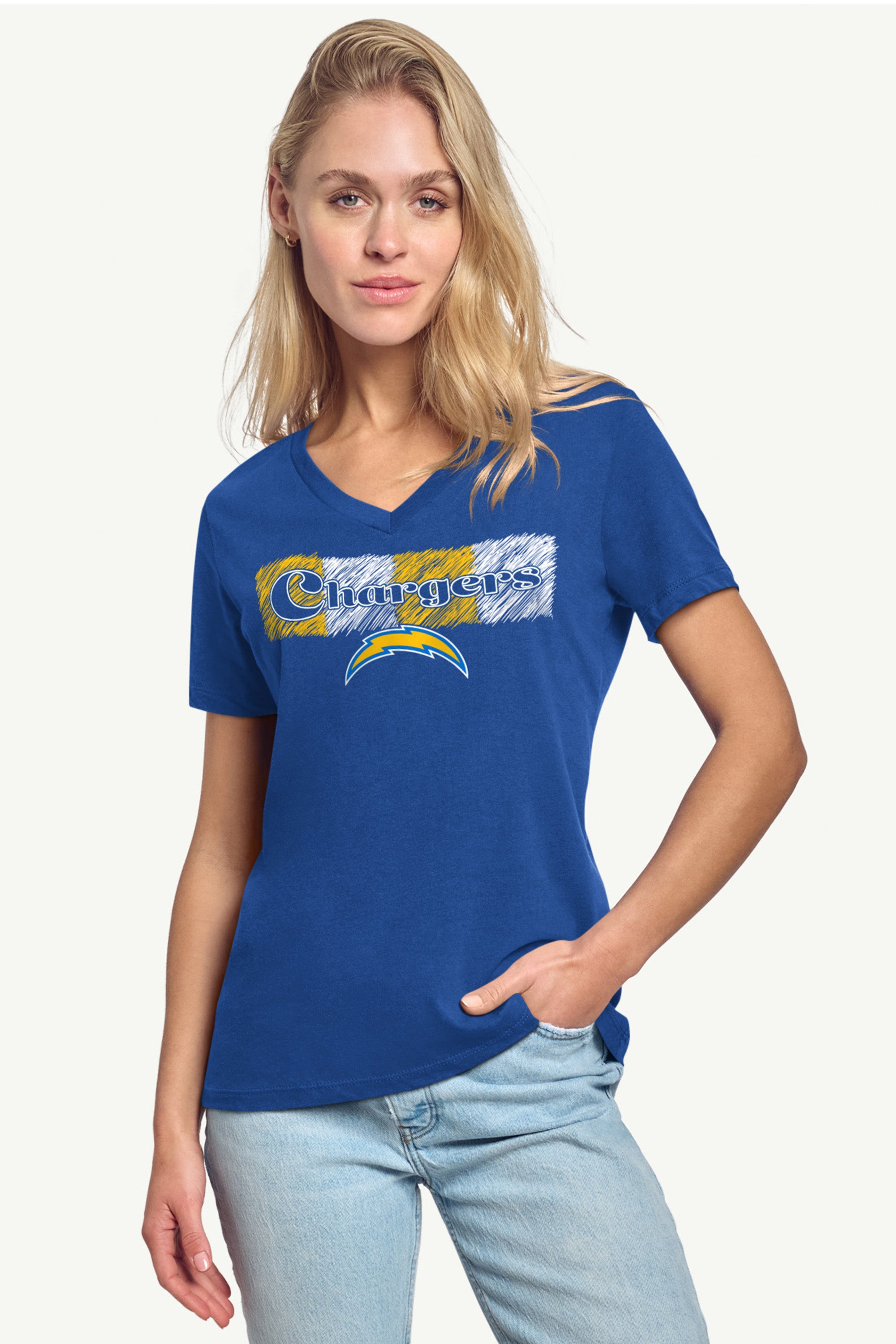 WOMENS LOS ANGELES CHARGERS COLOR SHADDING V-NECK T SHIRT View 2 | Los Angeles Chargers WOMENS LOS ANGELES CHARGERS COLOR SHADDING V-NECK T SHIRT View 2 | Los Angeles Chargers