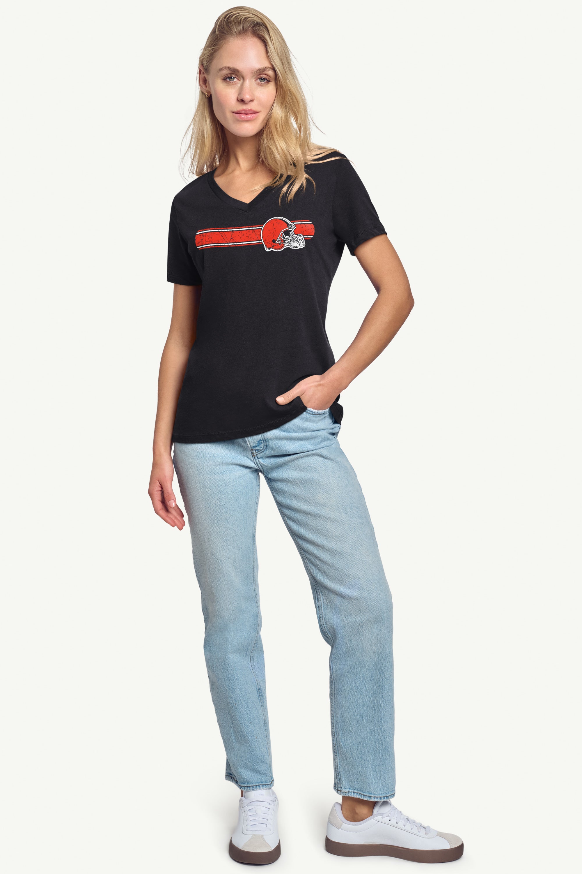 WOMENS CLEVELAND BROWNS STRIPE V-NECK T SHIRT View 3 | NFL WOMENS CLEVELAND BROWNS STRIPE V-NECK T SHIRT View 3 | NFL