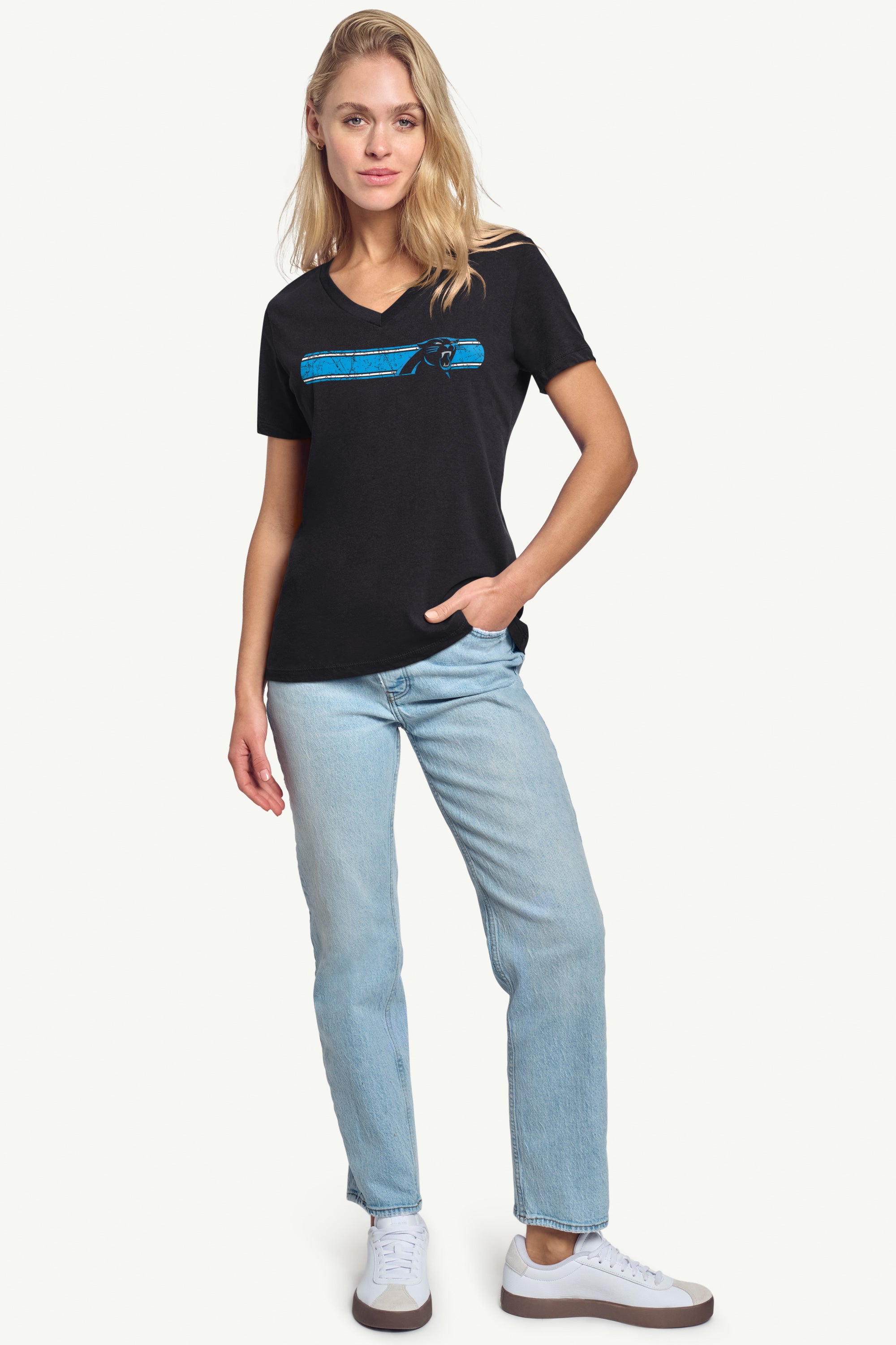 WOMENS CAROLINA PANTHERS STRIPE V-NECK T SHIRT View 3 | Carolina Panthers WOMENS CAROLINA PANTHERS STRIPE V-NECK T SHIRT View 3 | Carolina Panthers